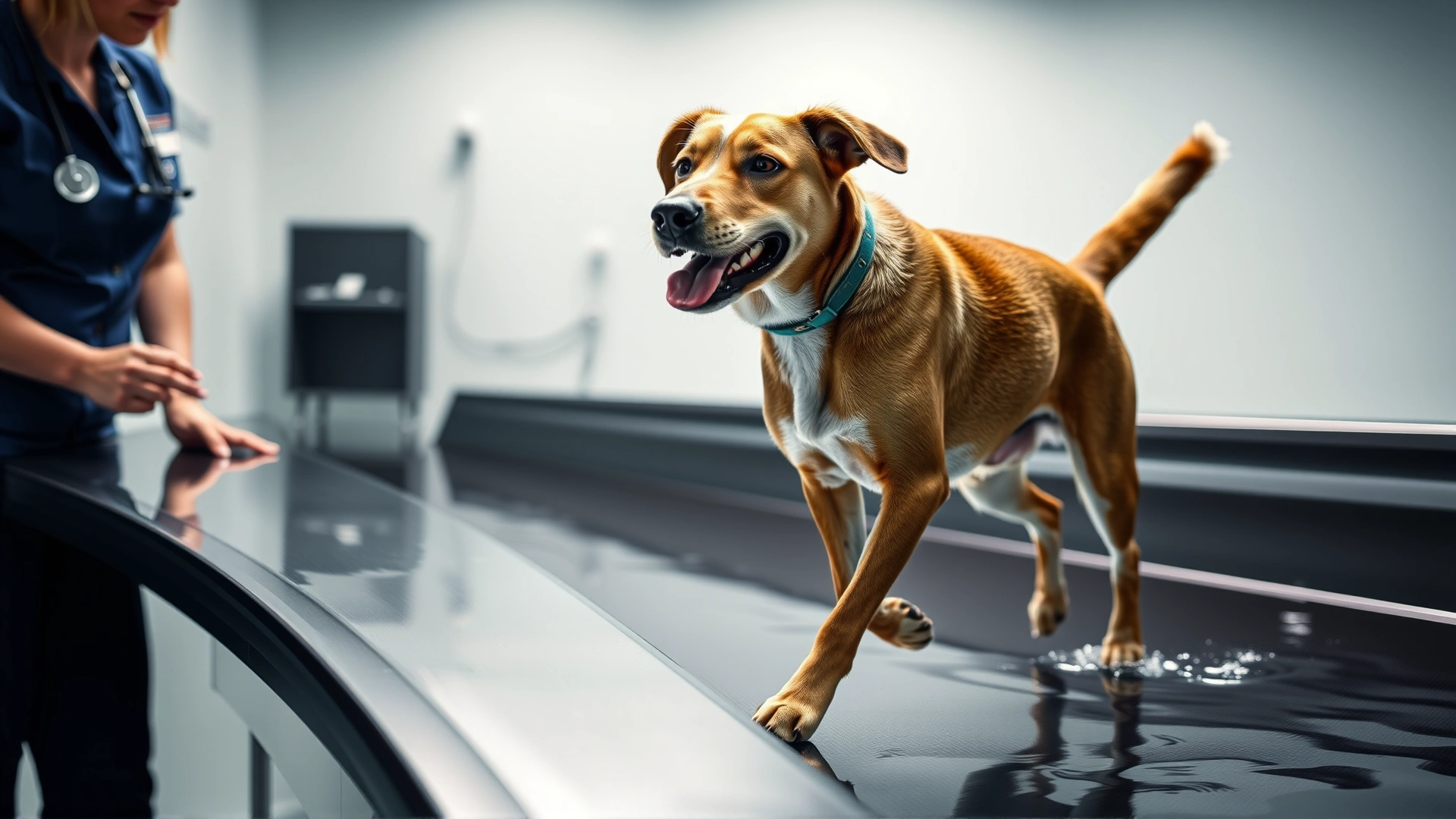 Dog walking on an underwater treadmill for physiotherapy, guided by a veterinary physical therapist