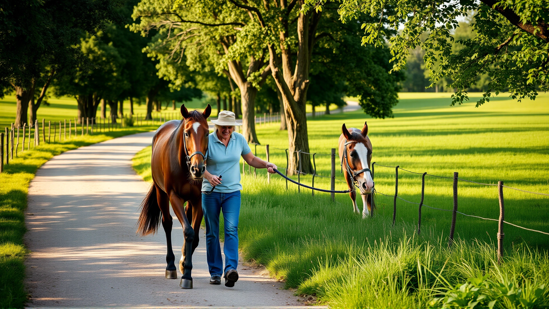 Owner walking a relaxed horse by hand along a tree-lined farm path during a sunny morning, slow rehabilitation exercise