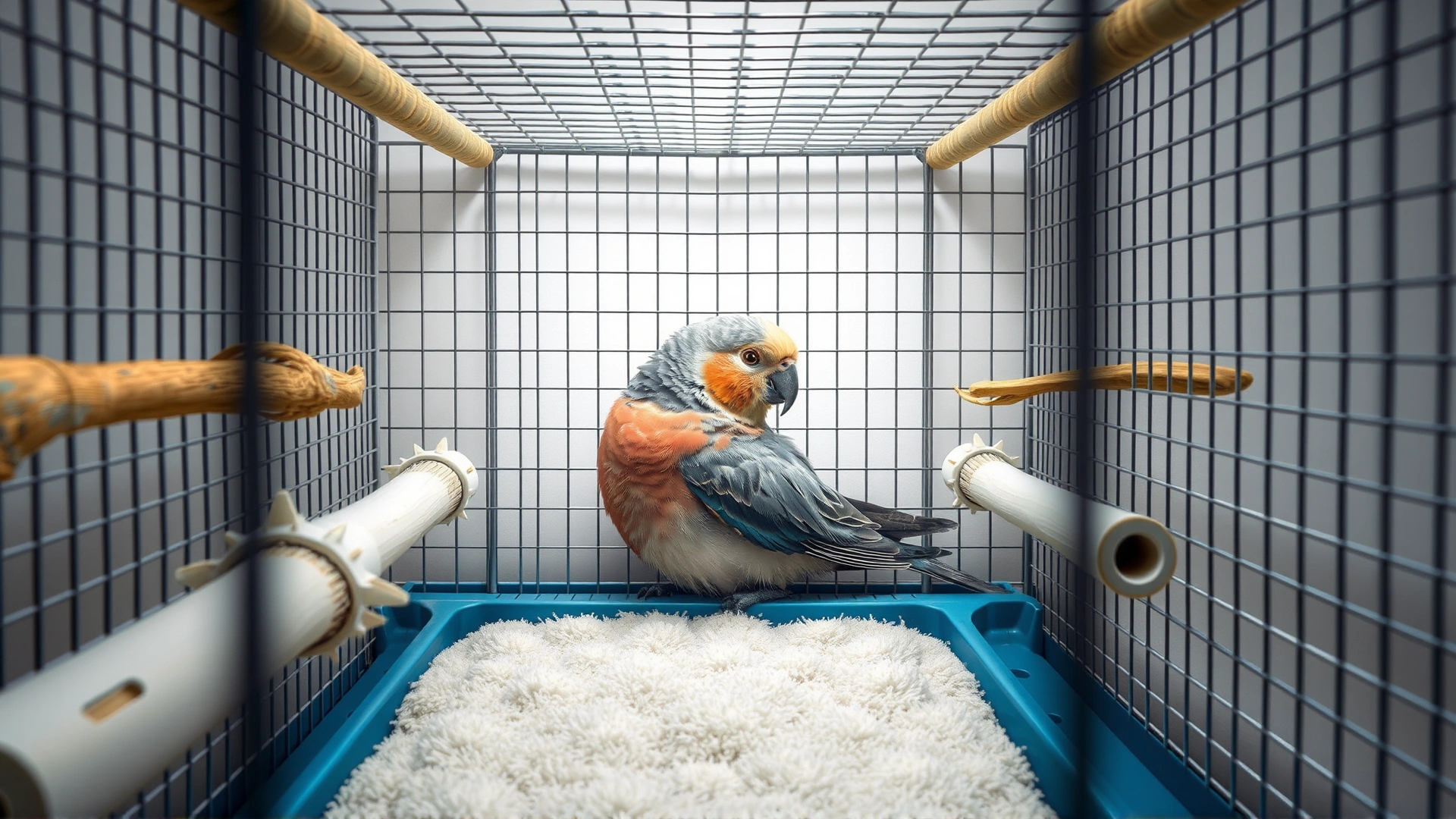 Image of a recovery cage set-up: low perches, soft flooring, and a healing bird calmly resting inside.
