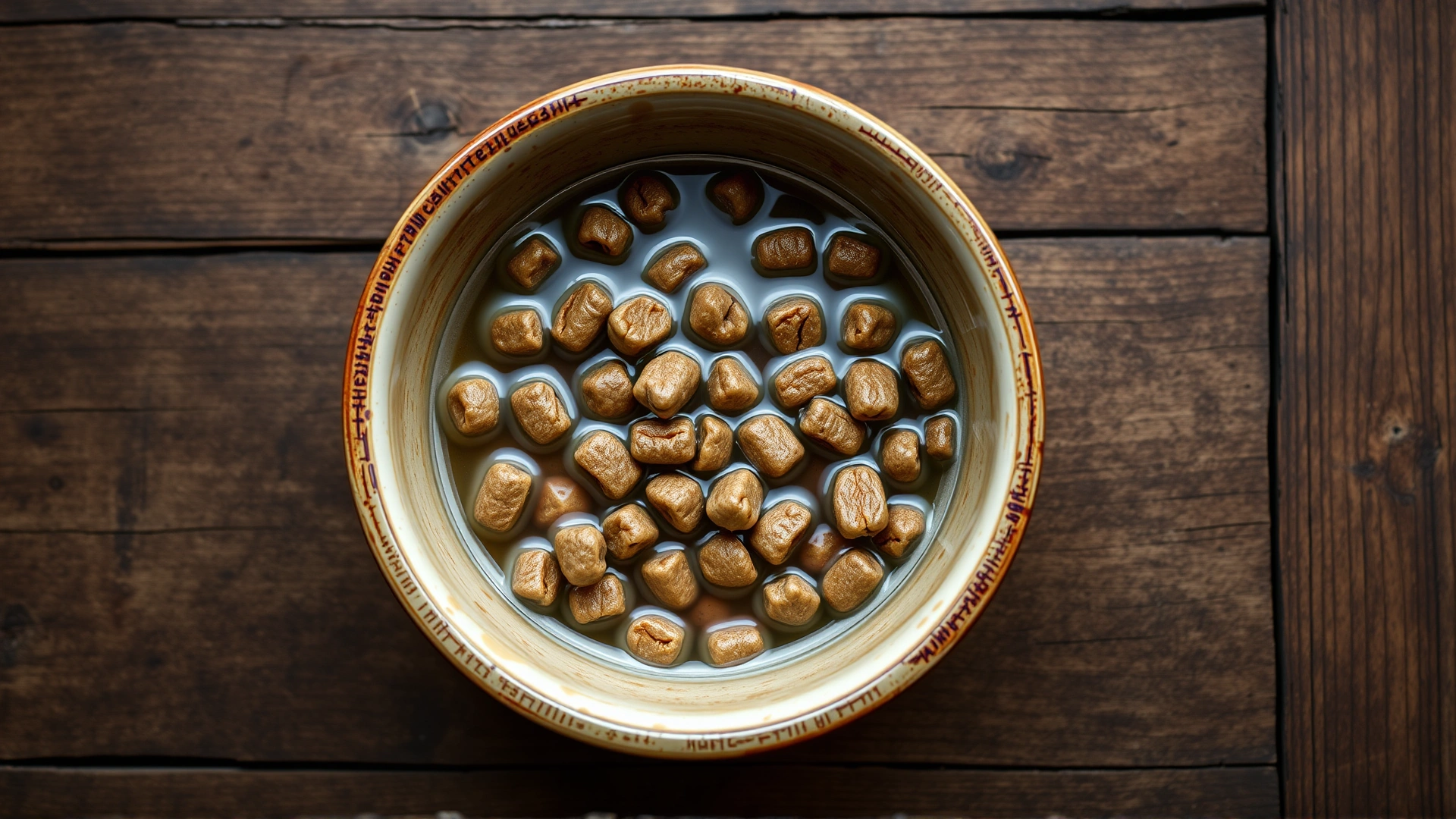 Top-down shot of a ceramic bowl filled with rehydrated freeze-dried cat food mixed with warm water, placed on a rustic wooden table
