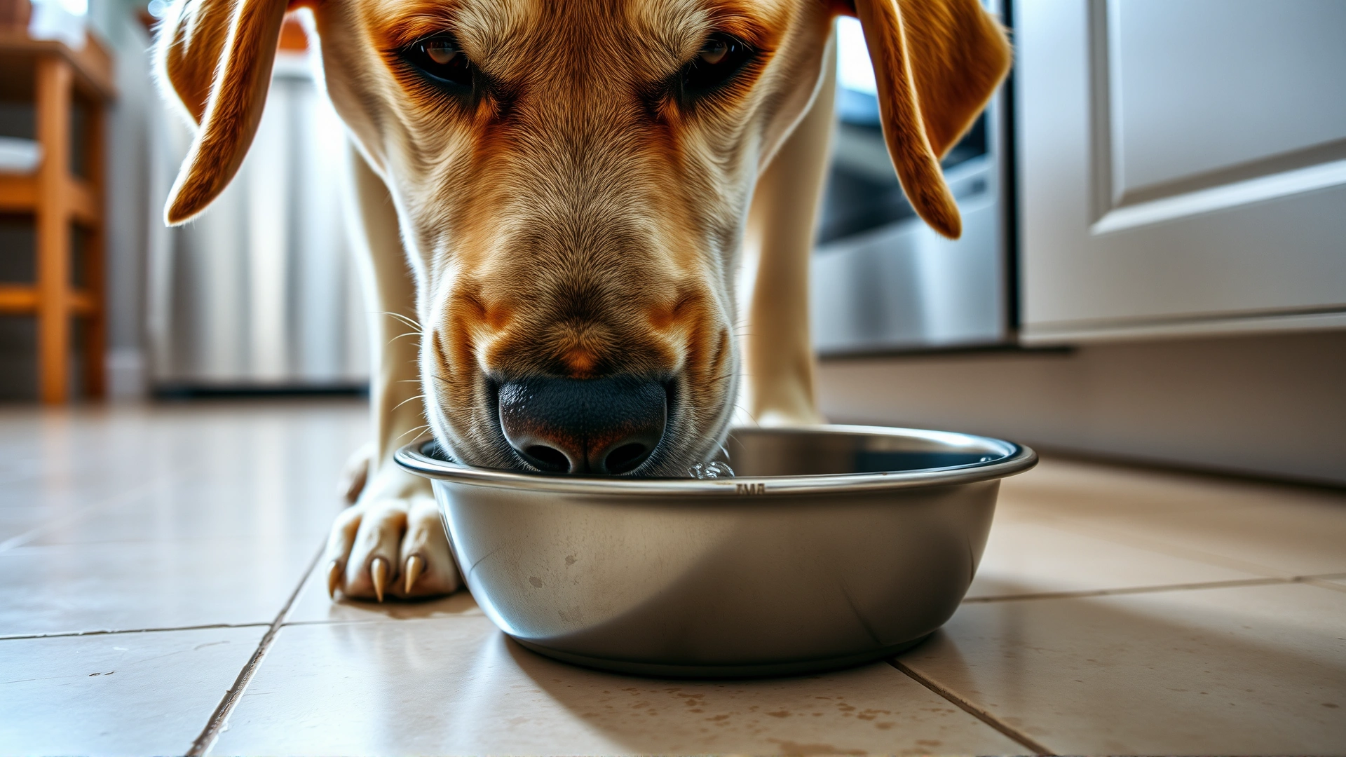 Close-up of a Labrador retriever drinking fresh water from a stainless steel bowl placed on a kitchen tile floor; bright, clean environment.