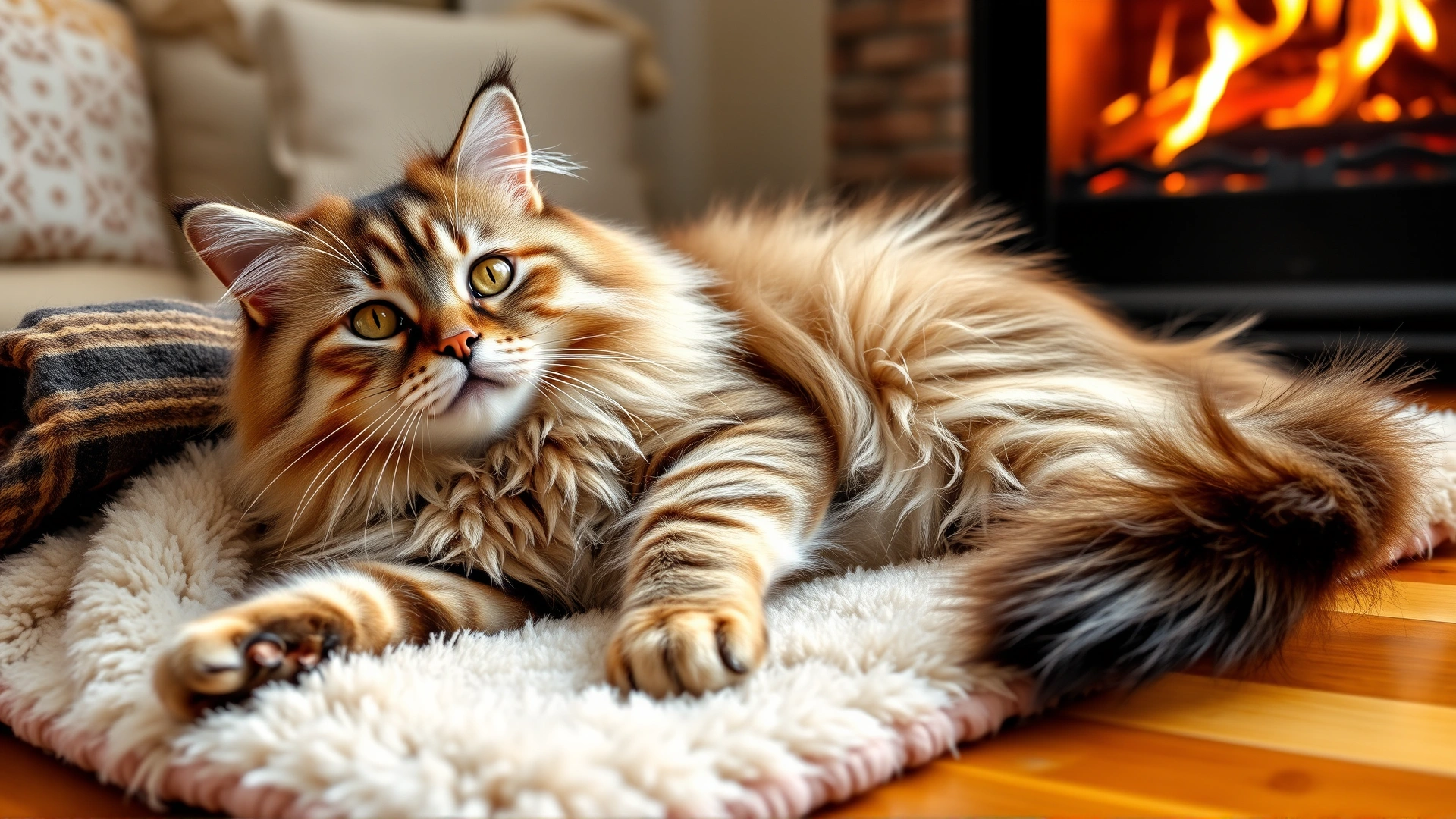 Domestic long-haired cat loafing on a fluffy blanket near a fireplace, conveying warmth