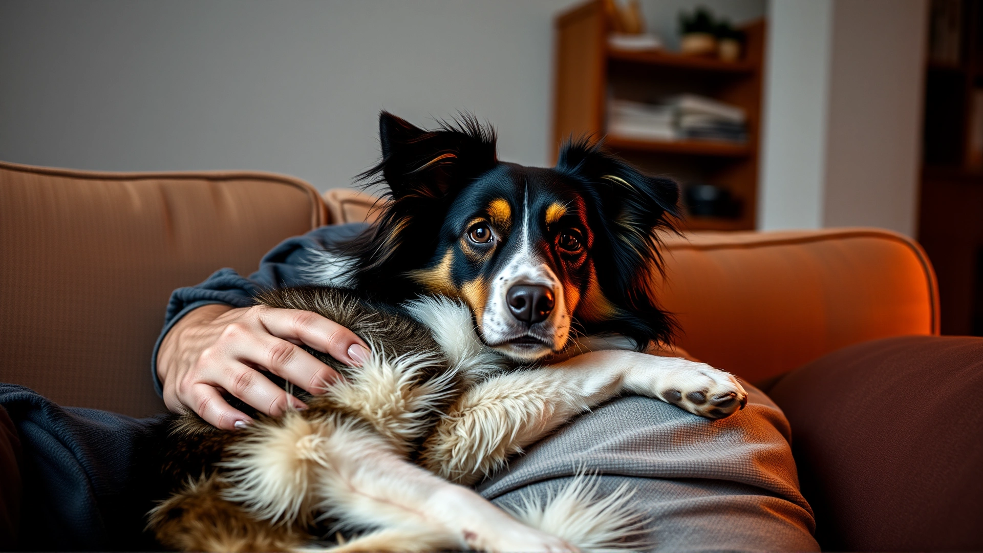 Dog and owner cuddling on the couch in the evening after a day of training.
