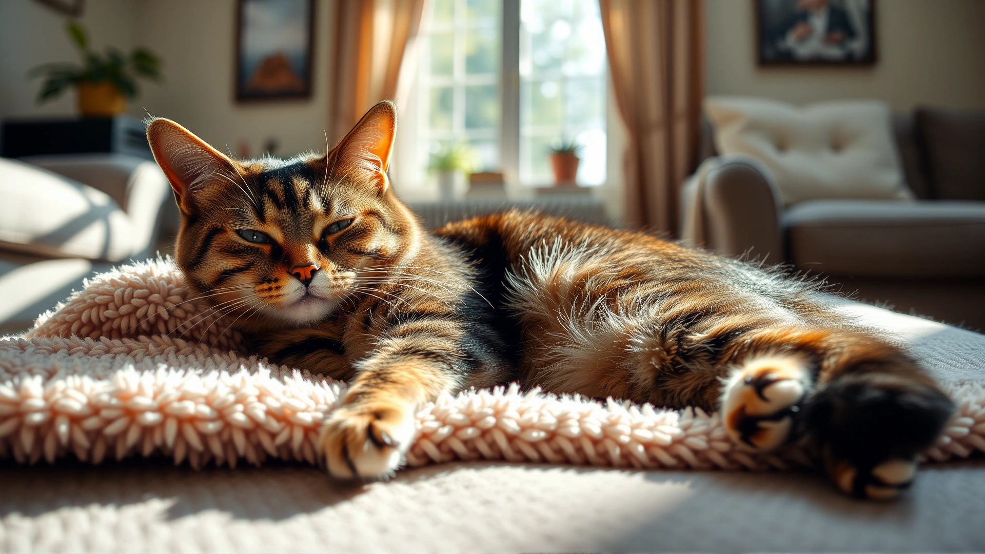 Content indoor cat resting comfortably on a plush blanket in a sunlit living room, warm and peaceful mood