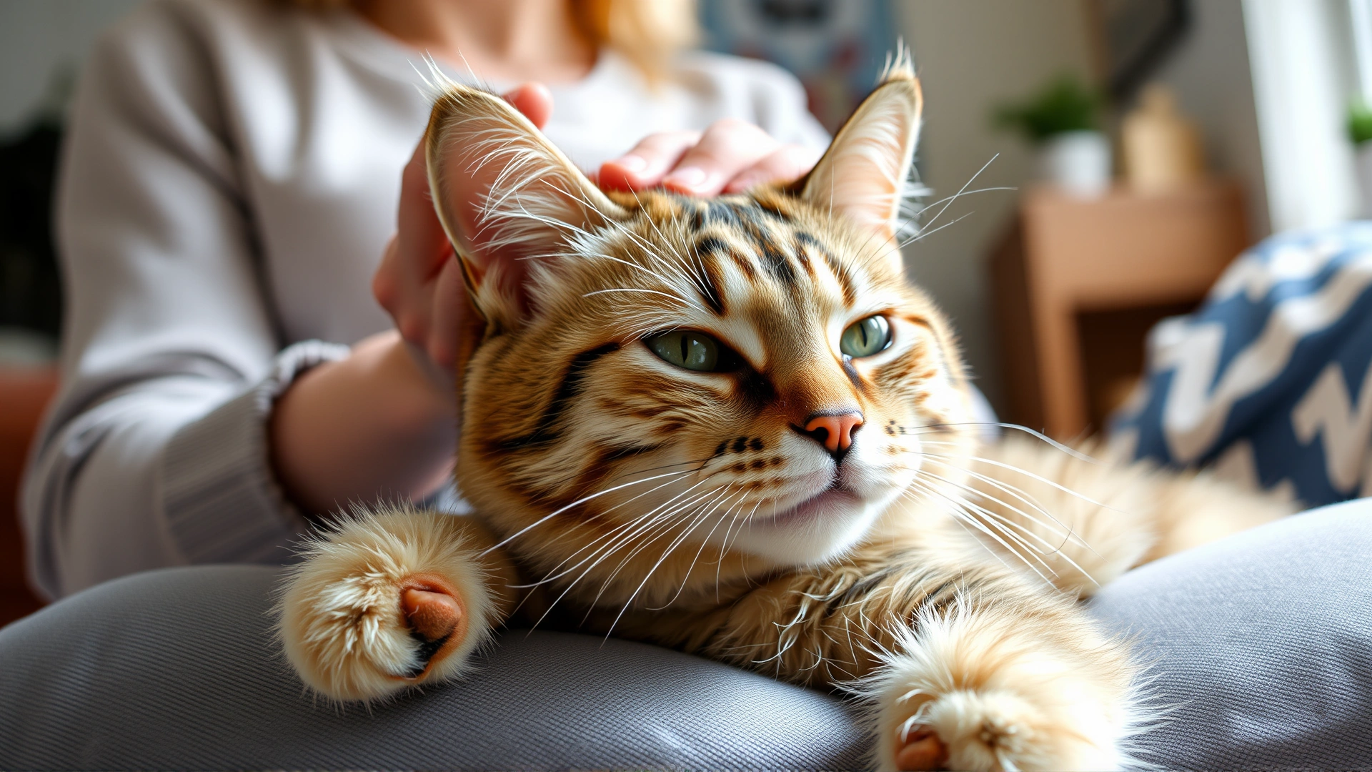 Content cat lying on owner’s lap receiving gentle petting, bright home environment, conveys stress-free lifestyle.