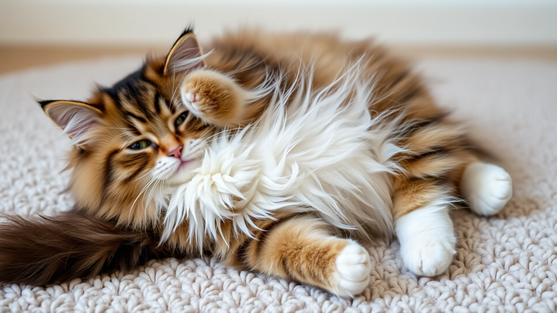 Fluffy cat lying on its side, belly partially exposed, relaxed posture on a soft rug