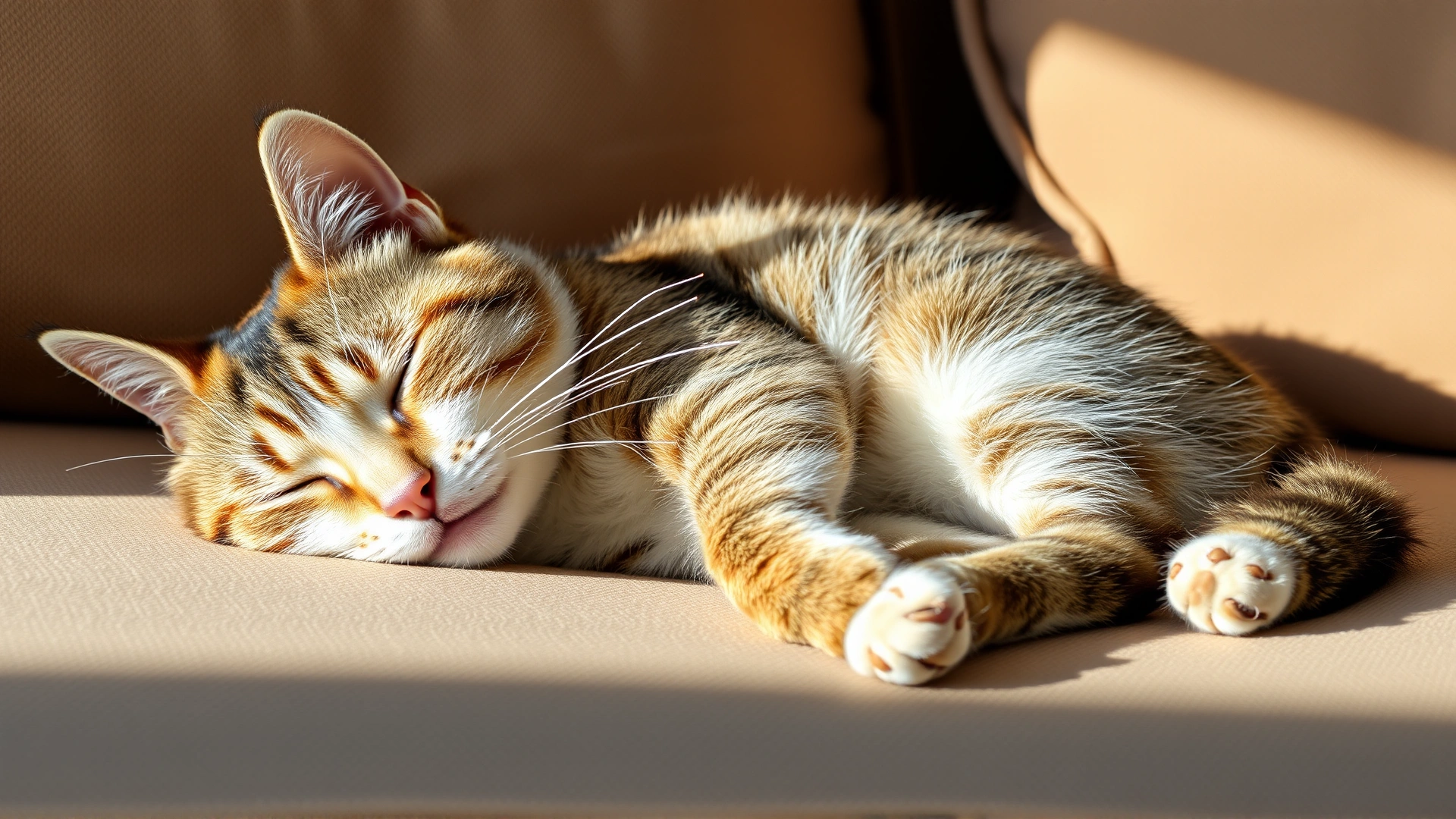 Cozy image of a relaxed cat sleeping peacefully on a fresh, odor-free sofa, warm afternoon light.