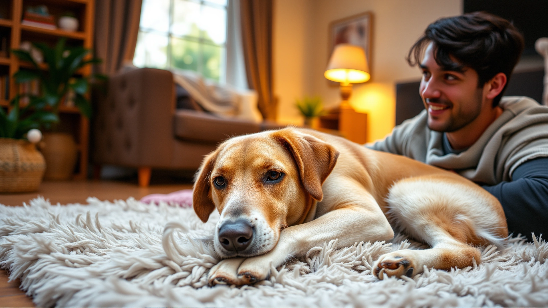 A relaxed dog lying on a fluffy rug next to its smiling owner in a cozy living room, warm ambient light, sense of accomplishment.