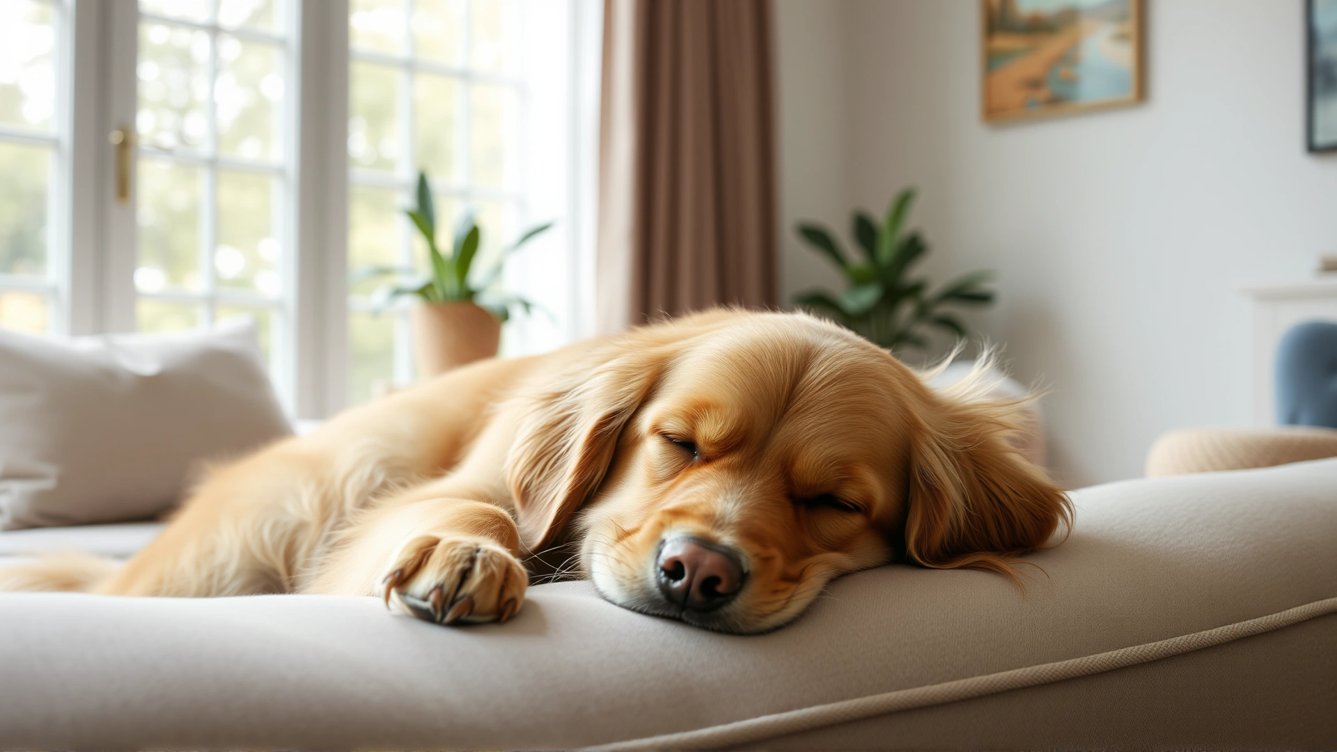 Golden Retriever peacefully sleeping on a couch in a bright, airy living room