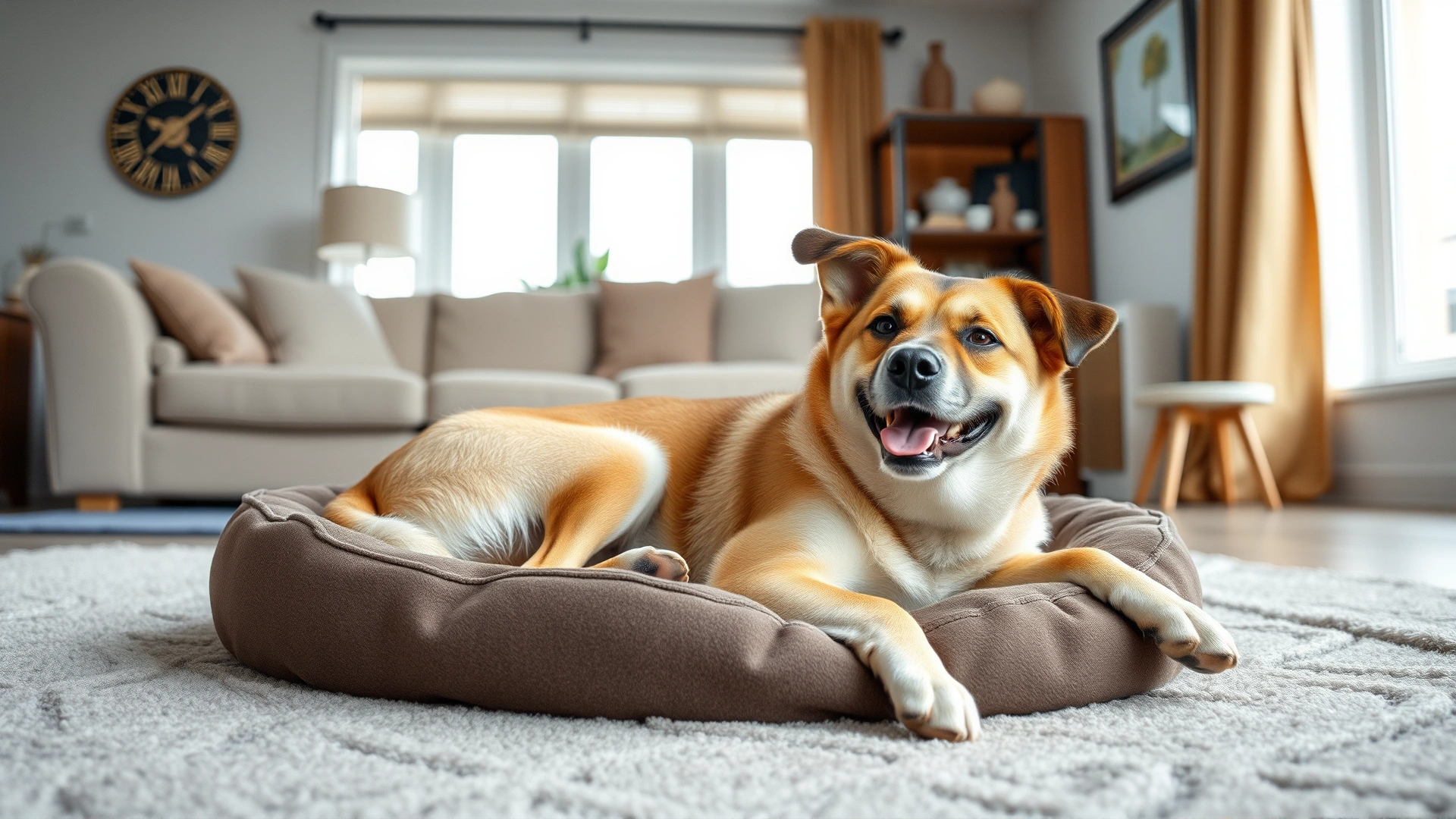 A medium-sized happy dog lying calmly on a dog bed in a bright, tidy living room.