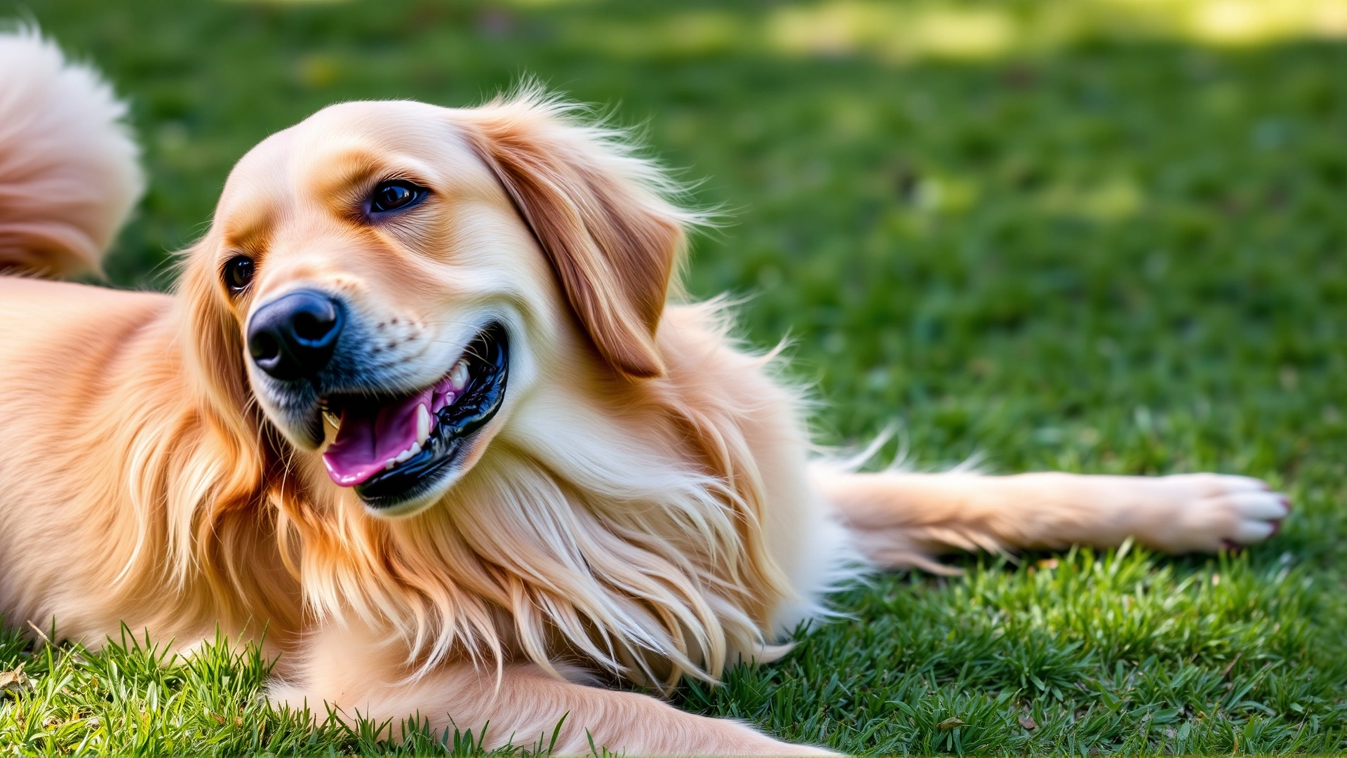 Photo of a golden retriever lying on grass with a loose wagging tail and open-mouthed