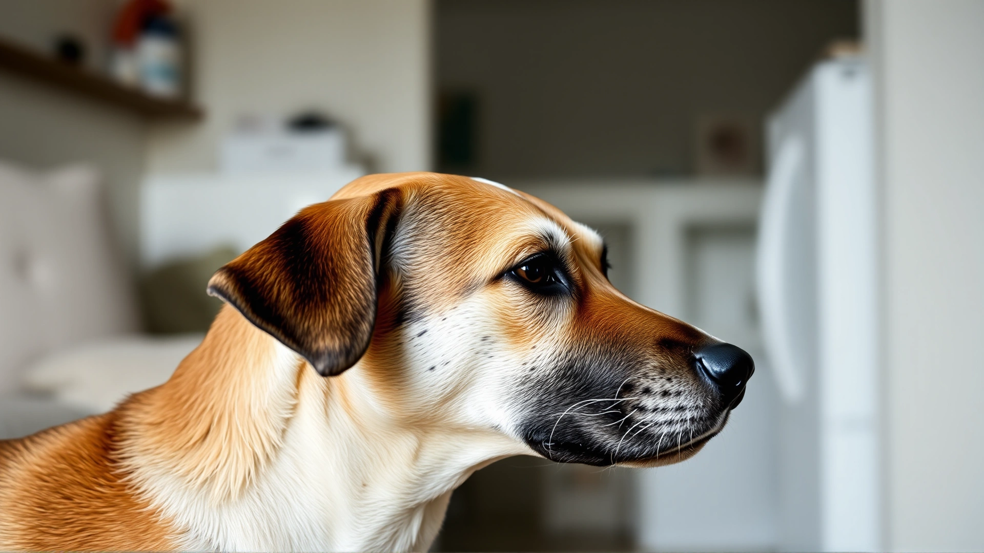 Side profile of a calm mixed-breed dog with naturally relaxed ears in a home setting, shallow depth of field, no text