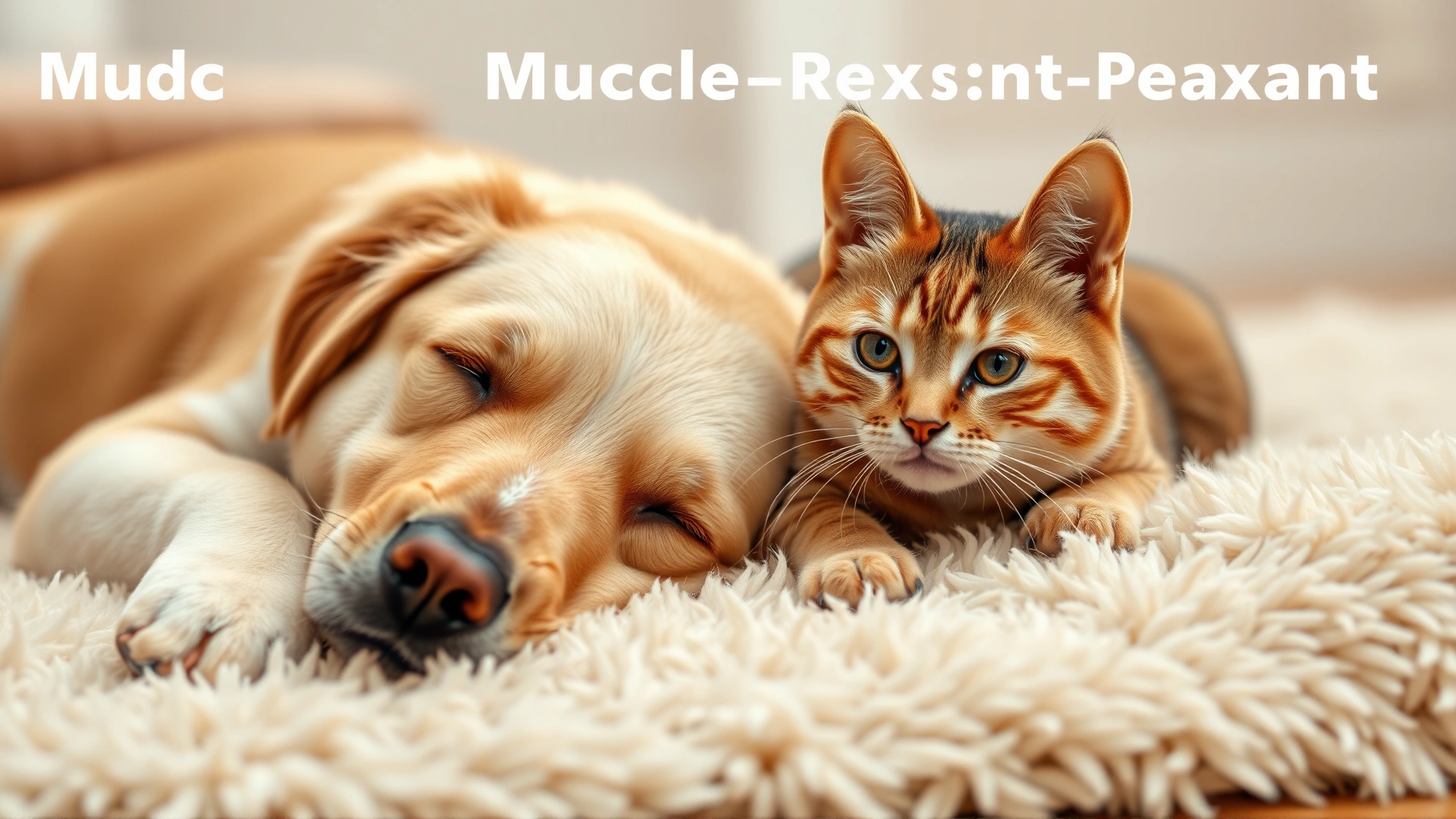 Happy dog and cat resting calmly side by side on a fluffy rug, illustrating the muscle-relaxant effect. Natural warm lighting. No text.