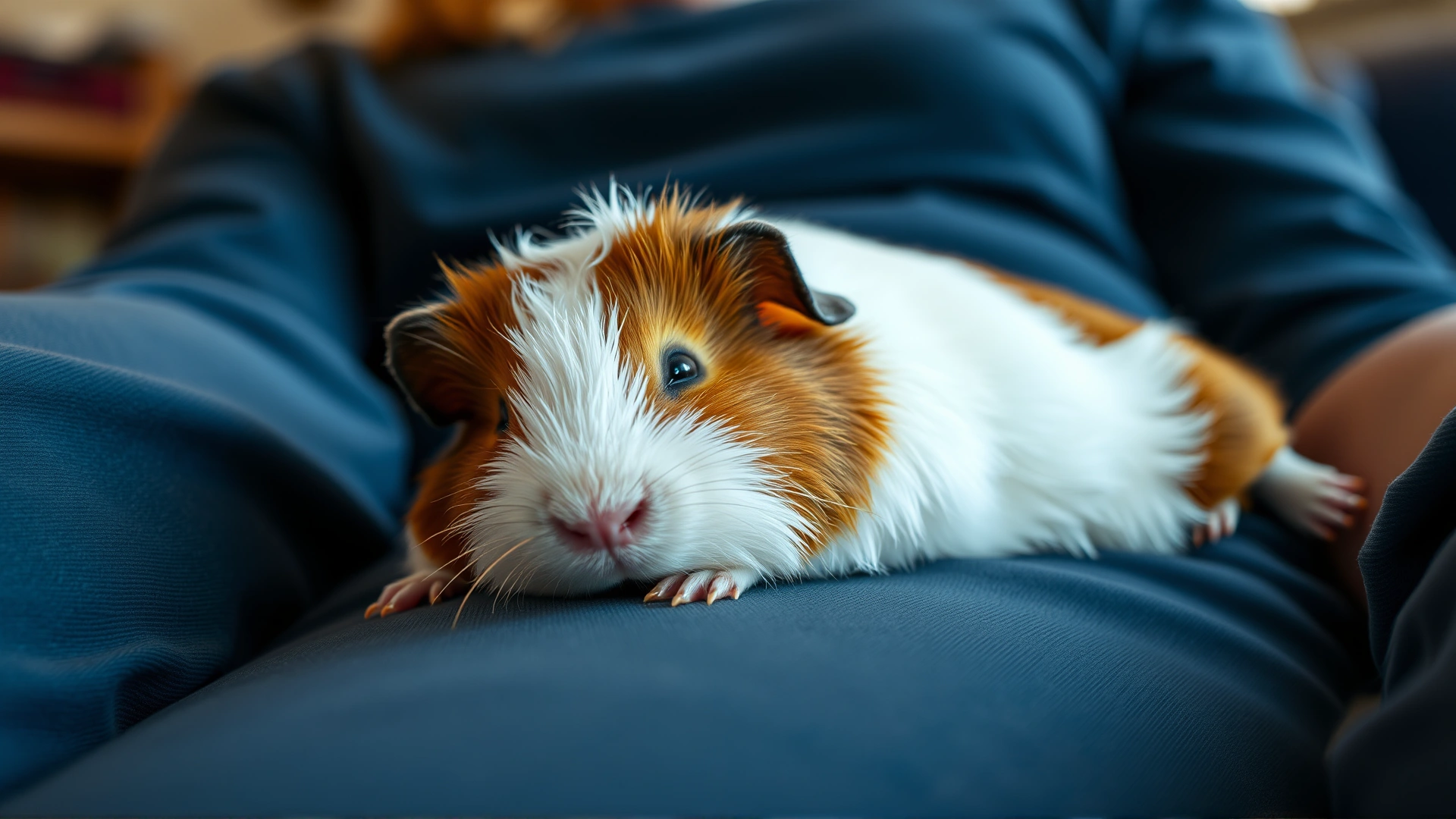 Guinea pig lying stretched on an owner's lap, eyes half closed, conveying relaxation and gentle bonding, indoor soft lighting