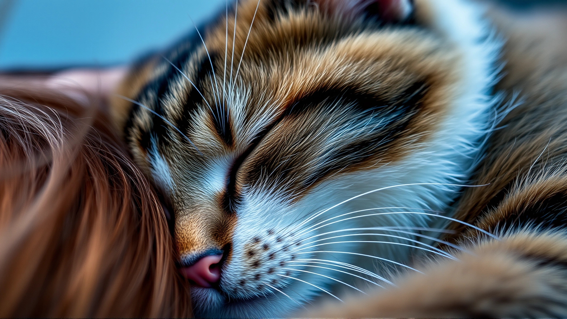 Close shot of a cat relaxed with its eyes half-closed, lying next to a person’s hair and inhaling the scent