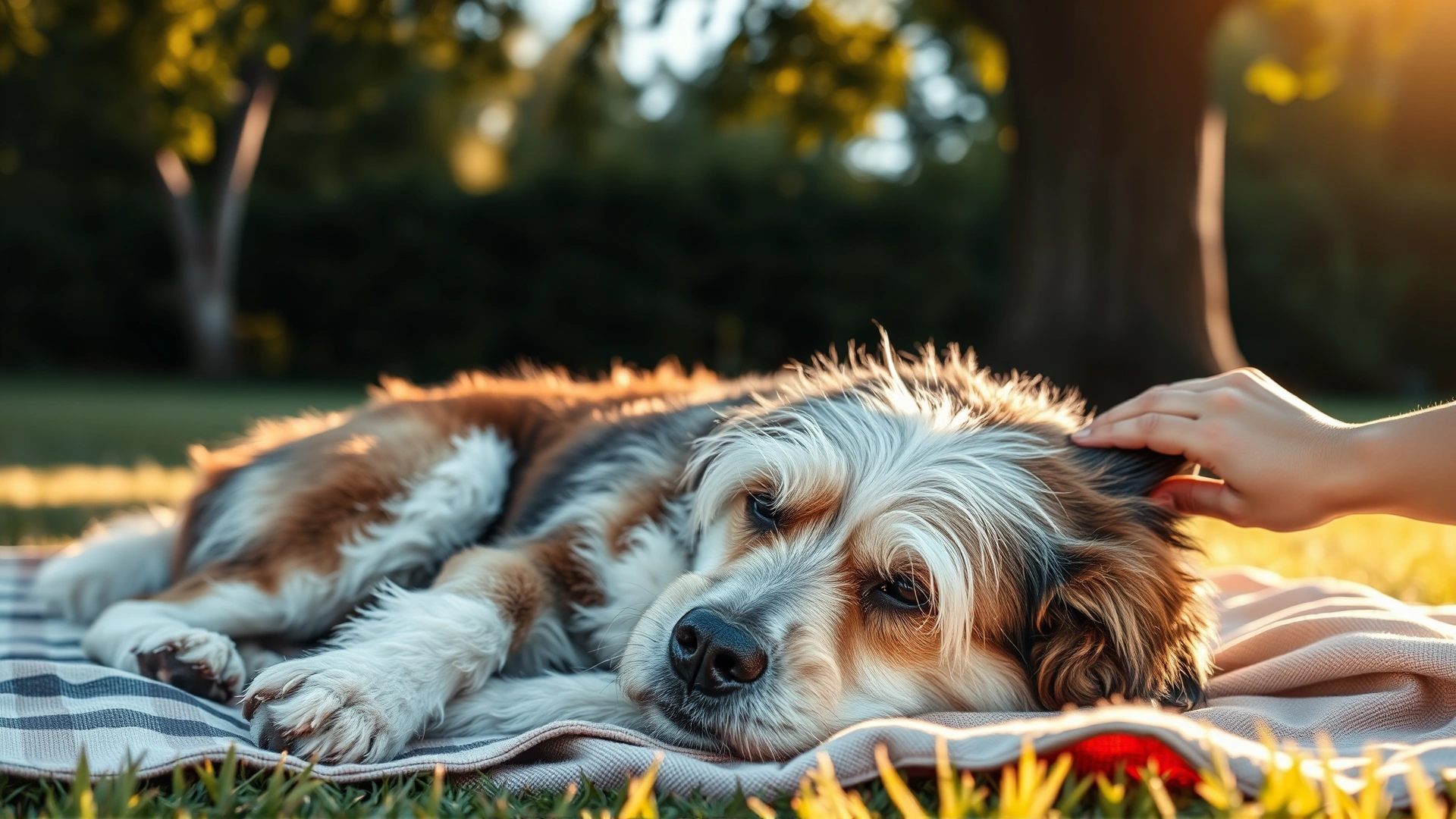 Calm senior dog lying on a blanket in the shade of a tree while its owner gently brushes its fur, warm afternoon light.