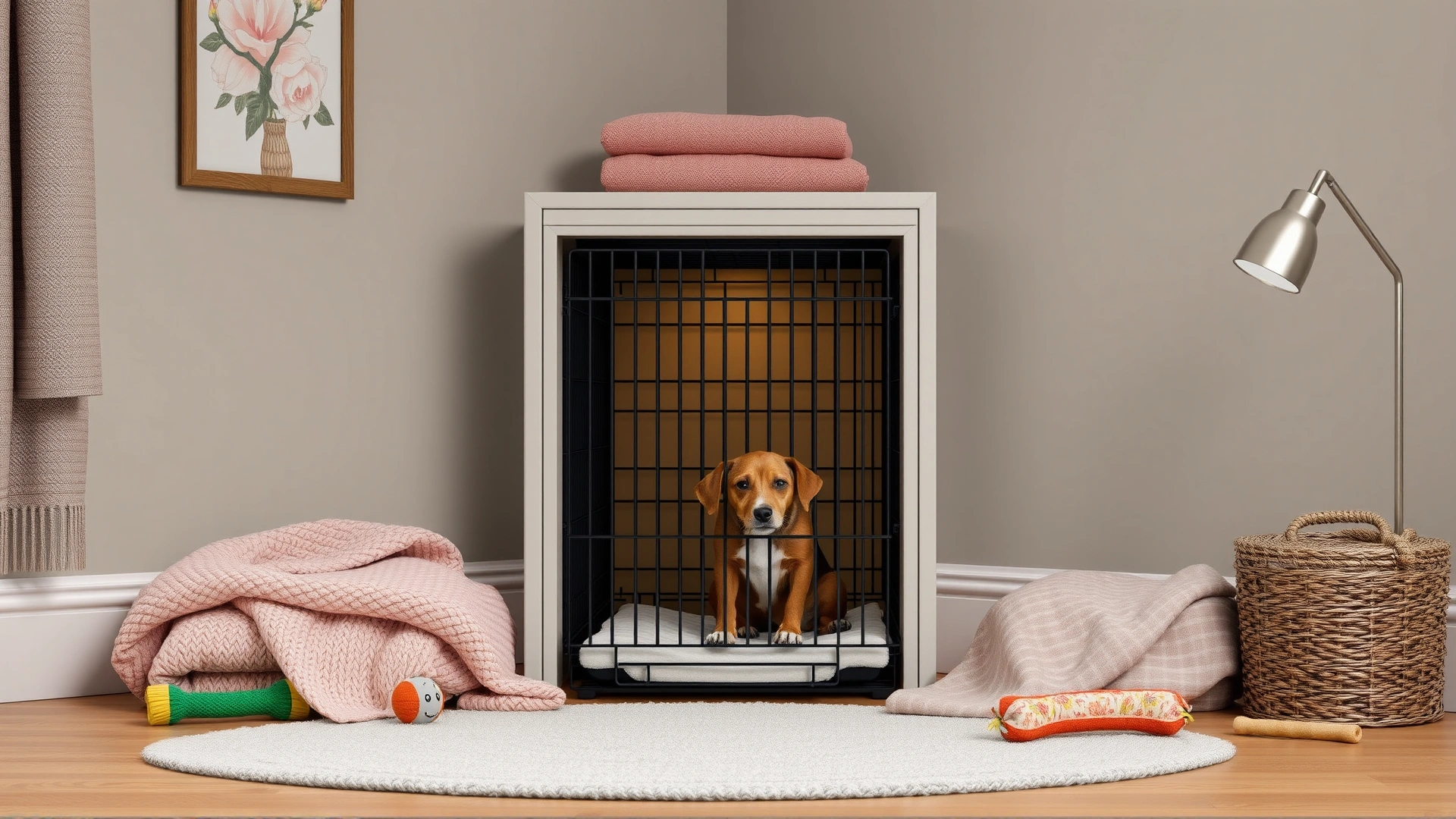 Cozy indoor corner with a dog crate, soft blankets, chew toys, and a gentle lamp to show a safe independent space.