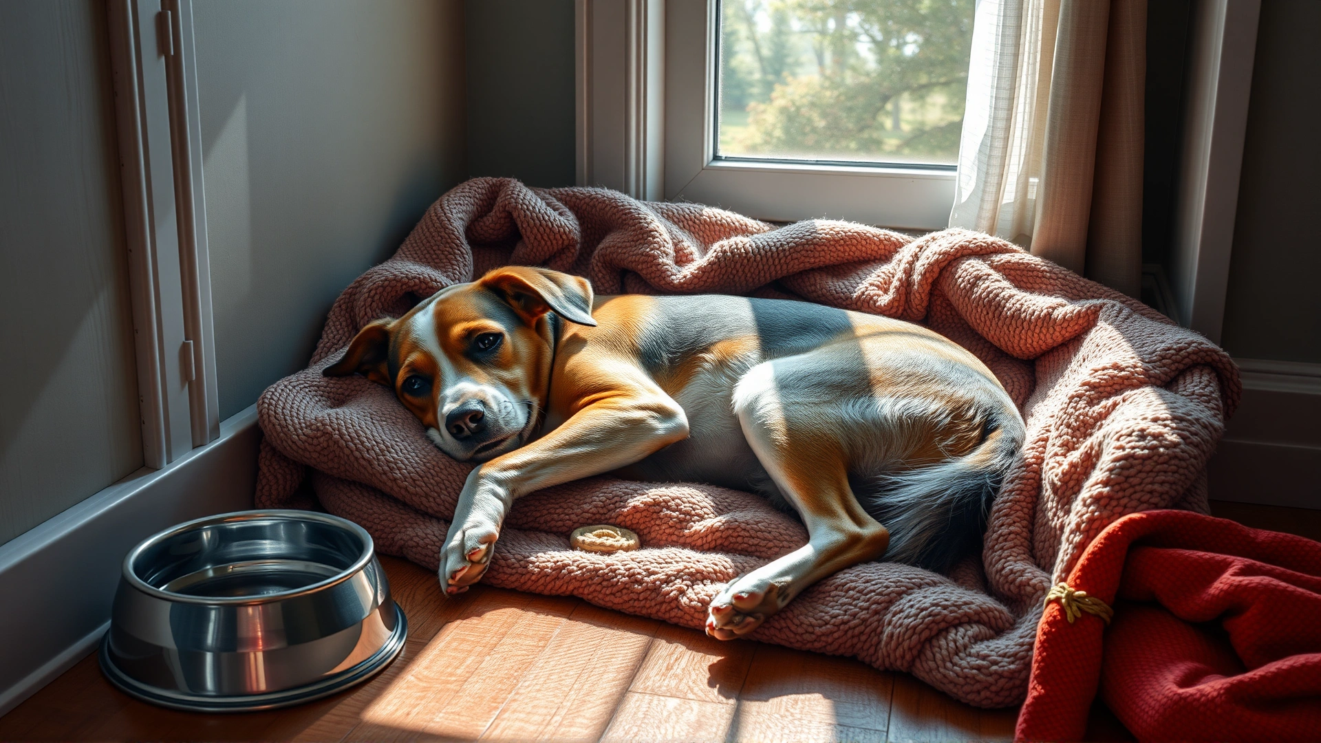 A cozy corner with a recovering dog lying on a thick blanket, water bowl nearby, in a quiet sunlit room.