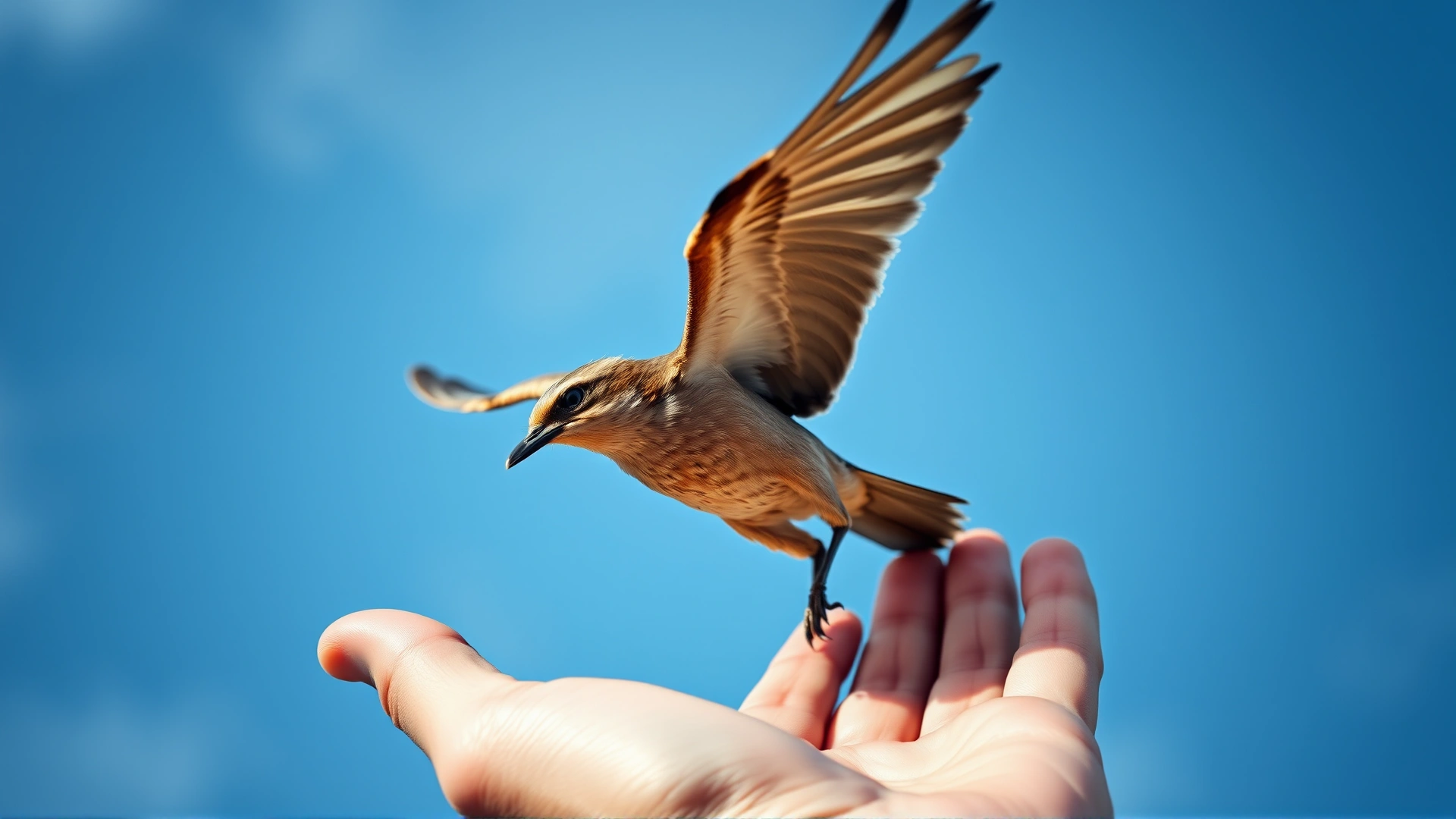 Dramatic shot of a juvenile bird taking flight from an open hand against a blue sky background