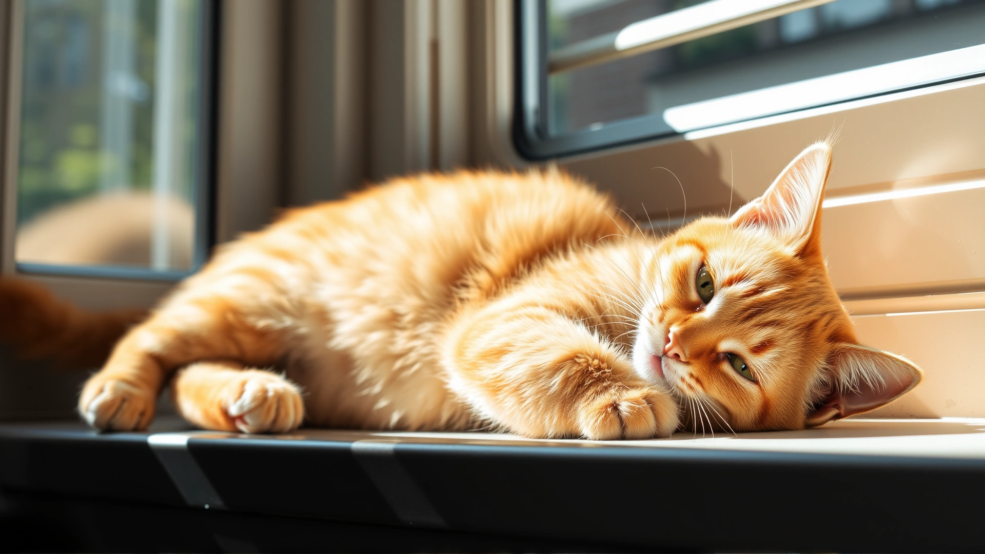 High-resolution photo of an older ginger cat stretching comfortably on a sunny windowsill, appearing pain-free and content.
