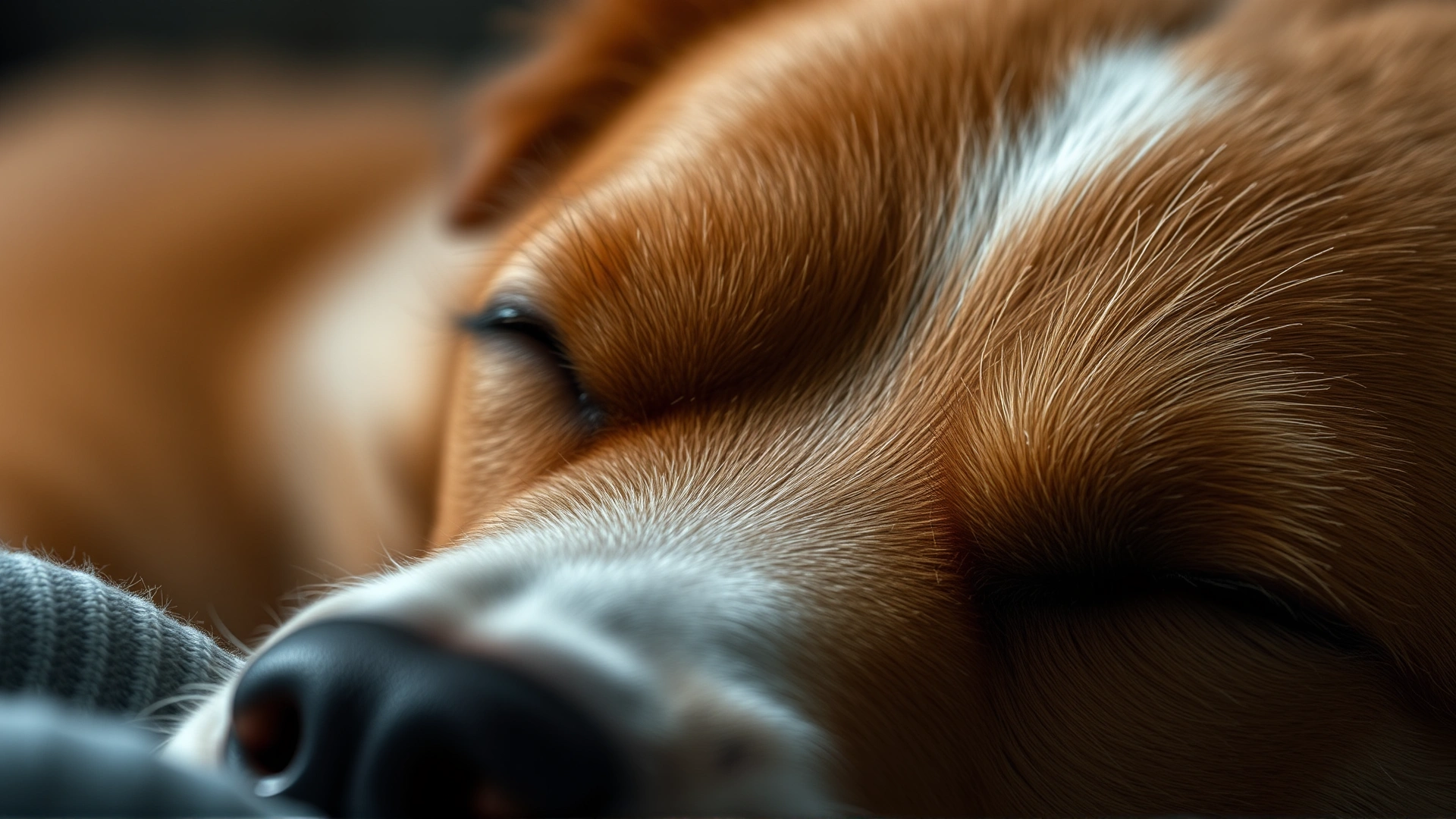 Close-up of a dog twitching lightly while asleep, eyes moving beneath lids, illustrating REM sleep stage