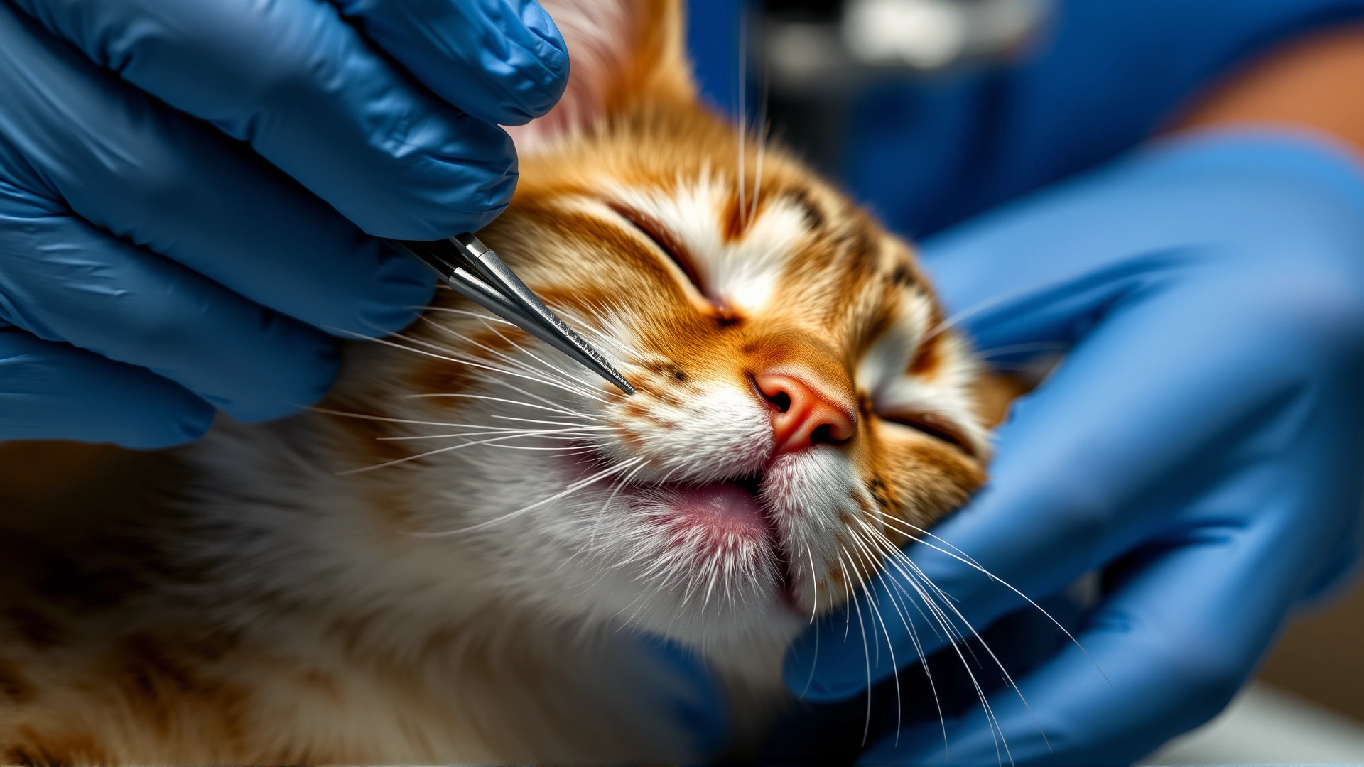 Photo of a veterinarian's gloved hand gently parting a cat's fur to remove a tick with tweezers.