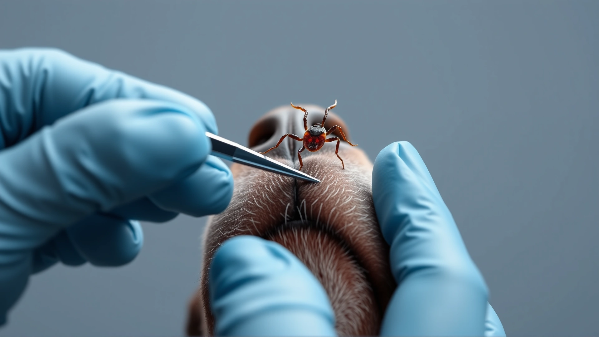 Step-by-step style image showing gloved hands using fine-tipped tweezers to pull a tick straight upward from a dog's skin, clear focus on technique