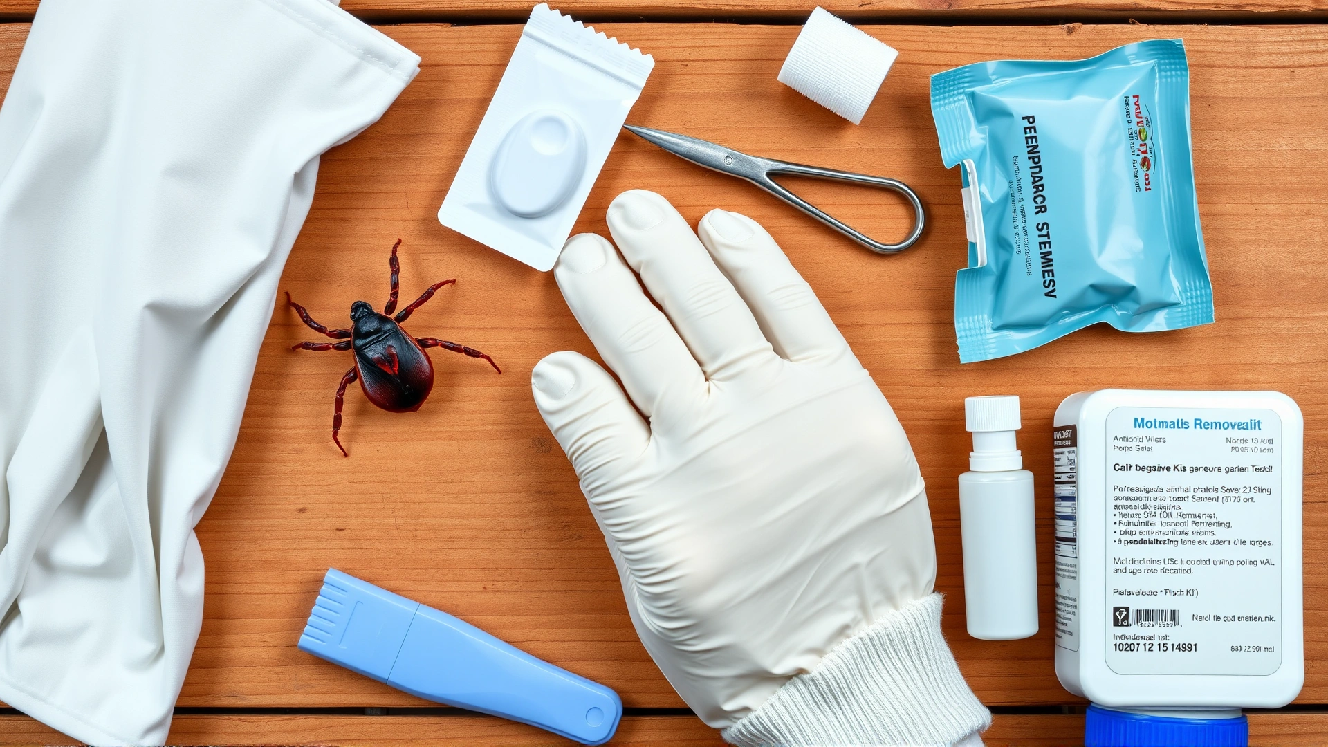 Tick removal kit on a wooden table including fine-tipped tweezers, gloves, and antiseptic wipes, overhead flat-lay, no text