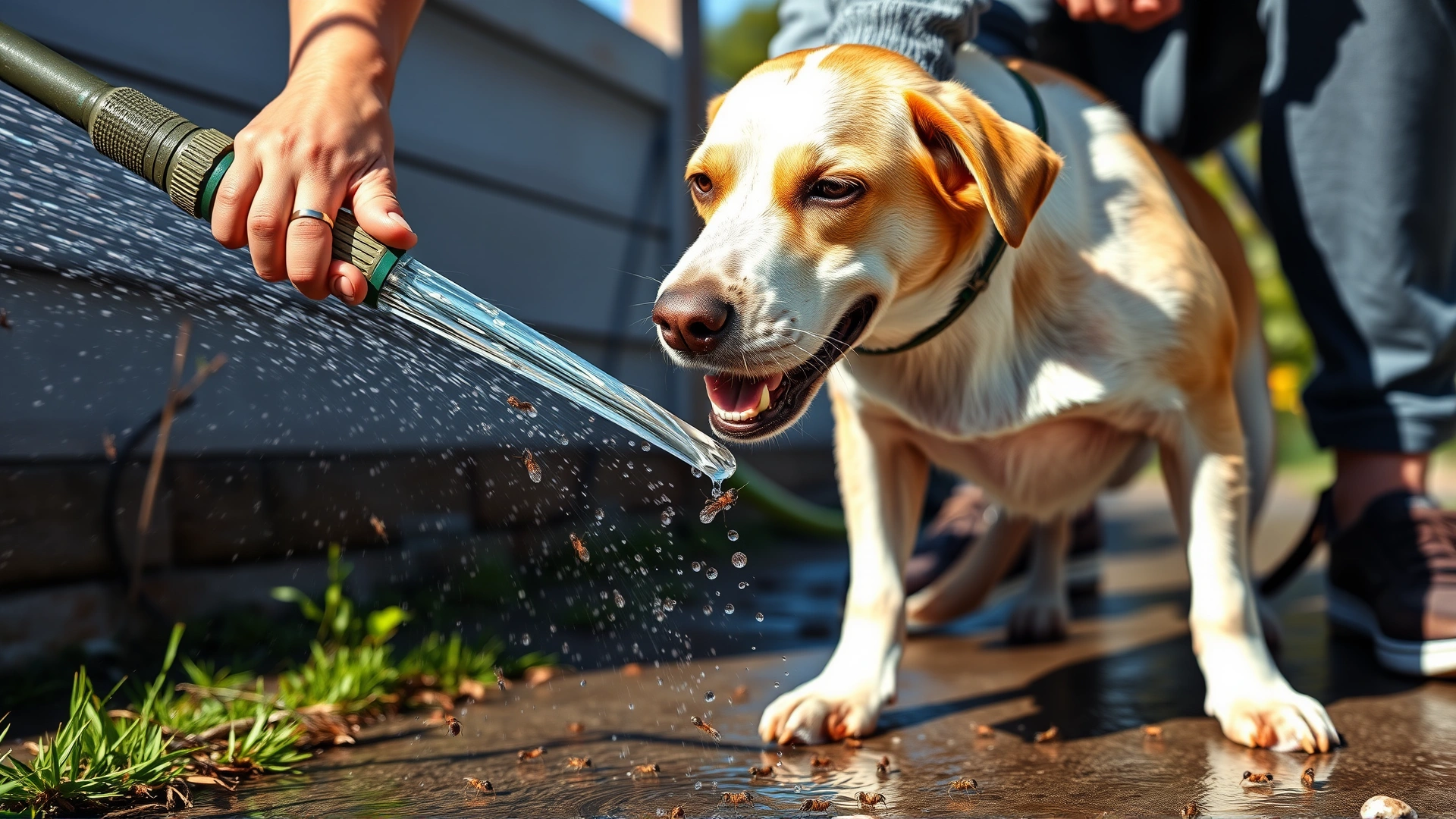 Pet owner using a garden hose with gentle water stream to rinse ants off a dog's leg outdoors, focus on water and ants, sunny day