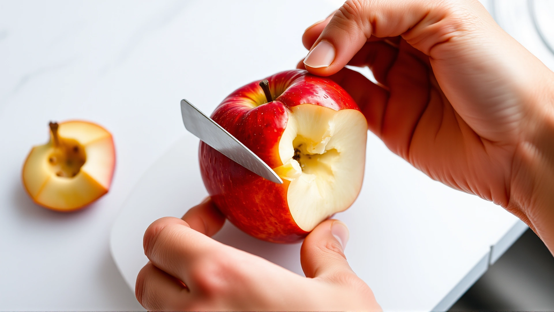 Human hands carefully removing seeds and core from a red apple with a small knife, white kitchen counter backdrop