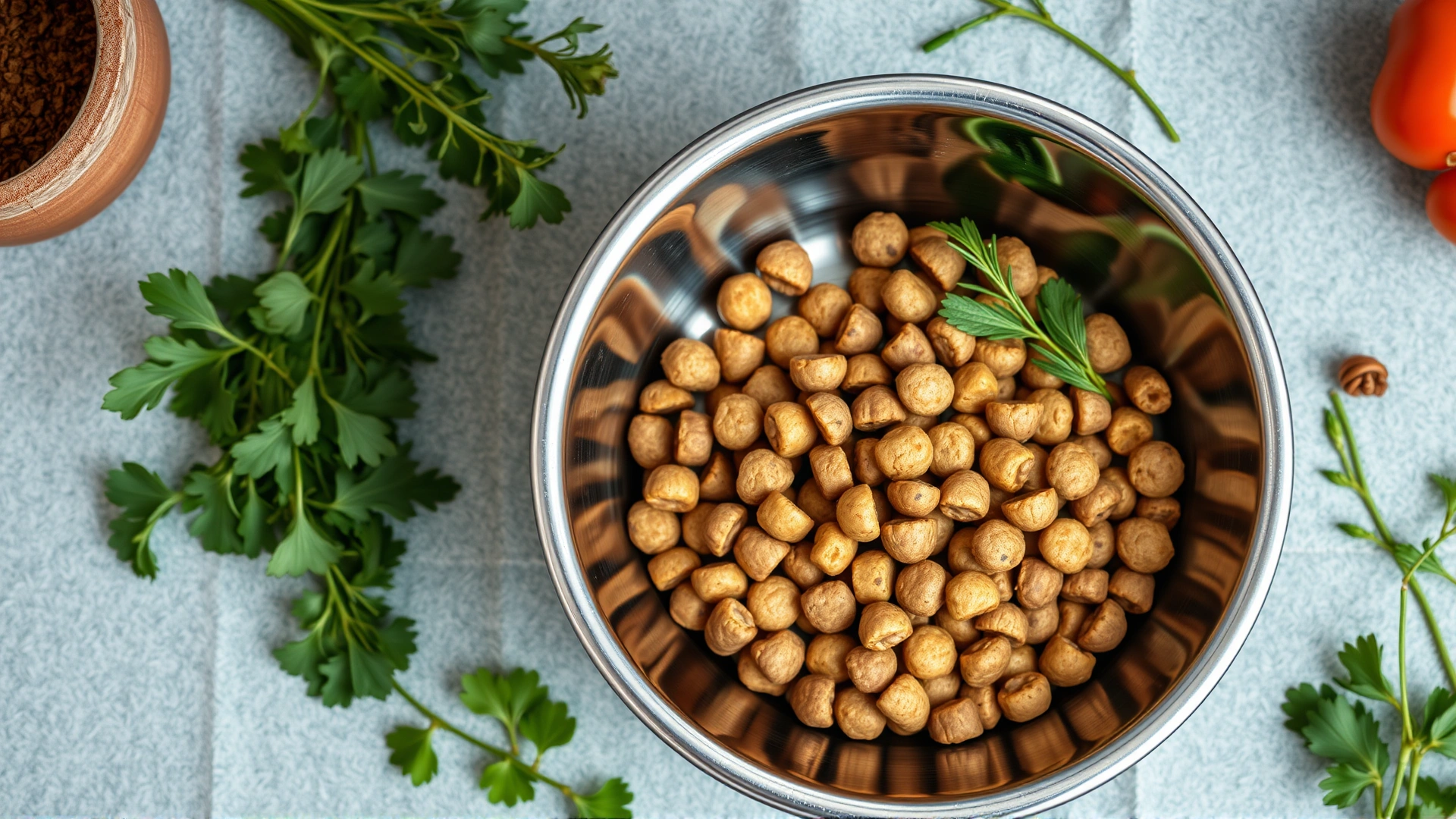 Overhead shot of a stainless steel bowl filled with prescription renal dog food and fresh herbs around it