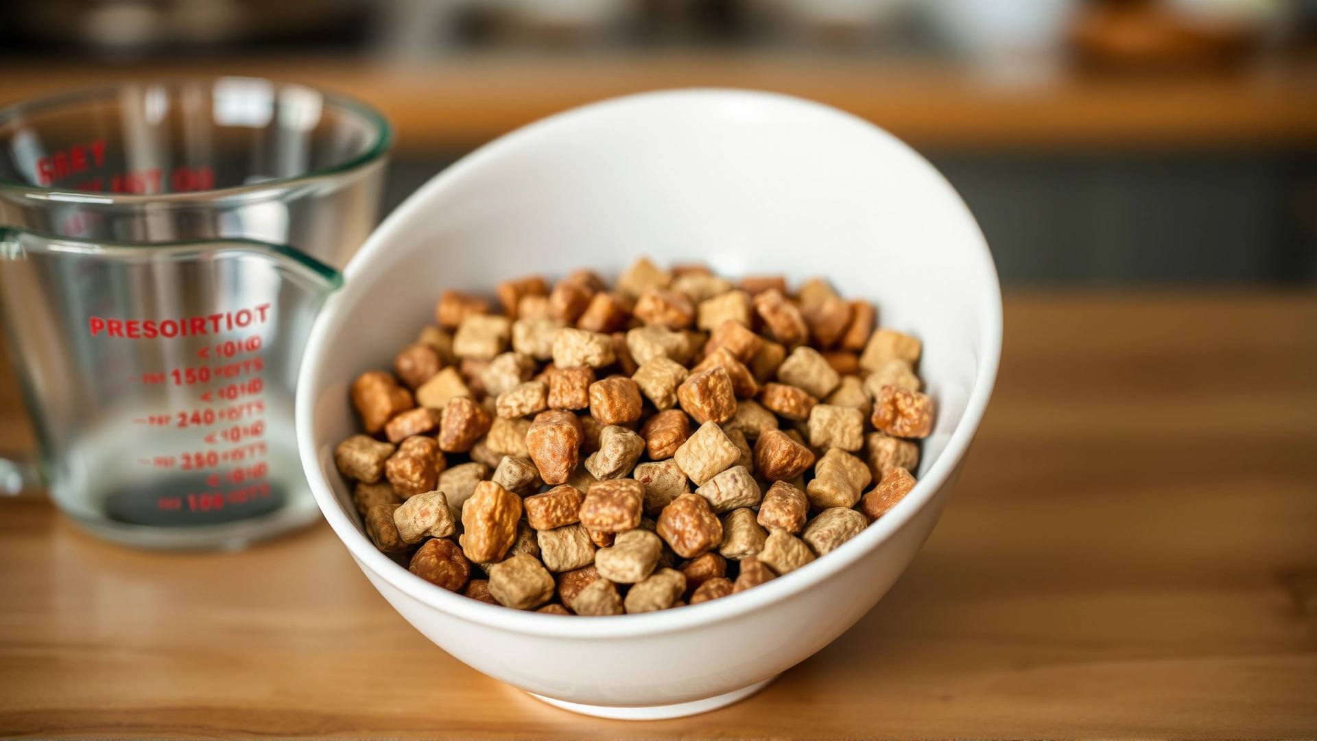 Bowl filled with prescription renal diet kibble next to a measuring cup on a wooden kitchen counter.