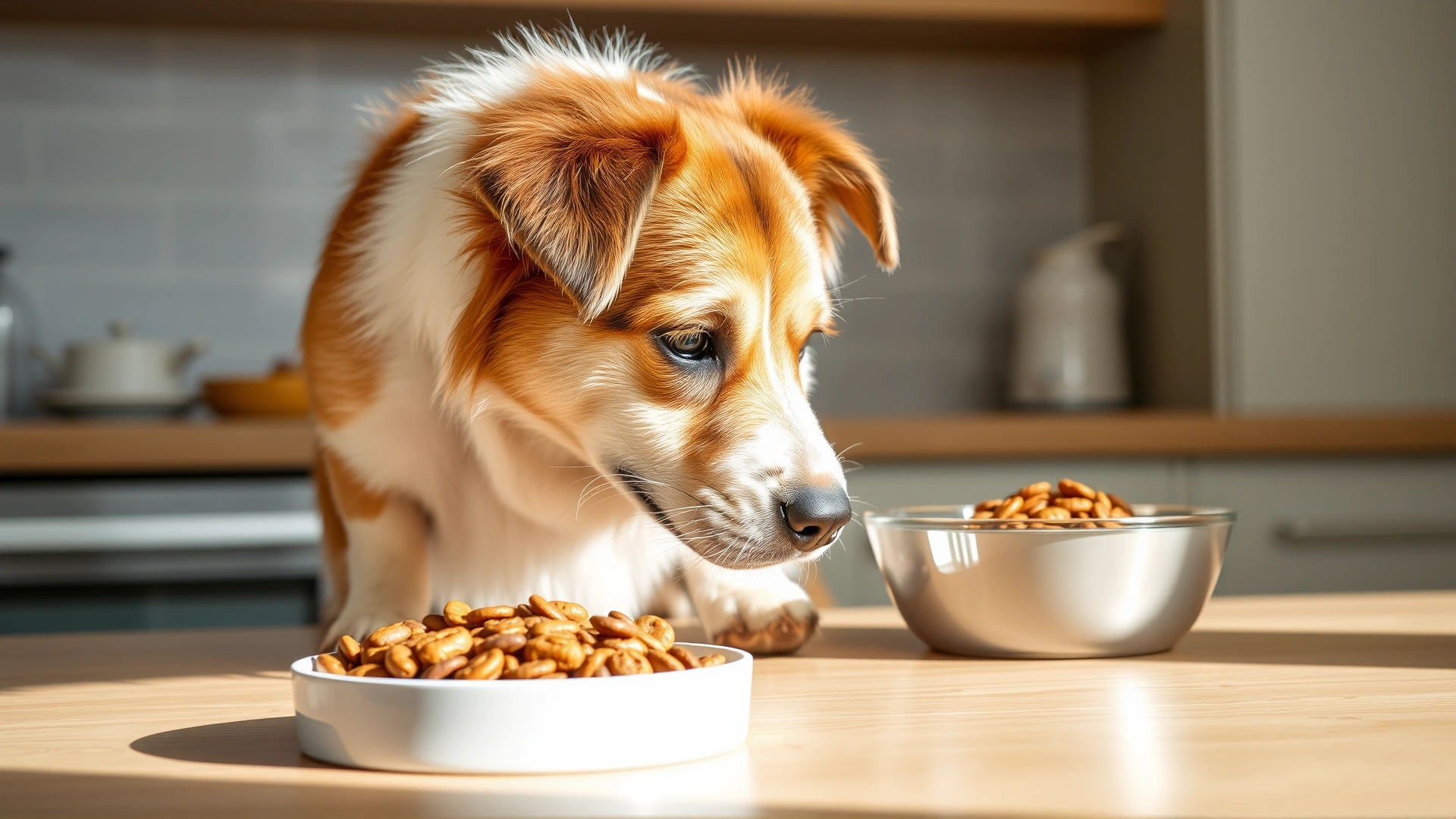 Senior dog drinking fresh water next to a bowl of kidney-support dry food, soft daylight kitchen setting