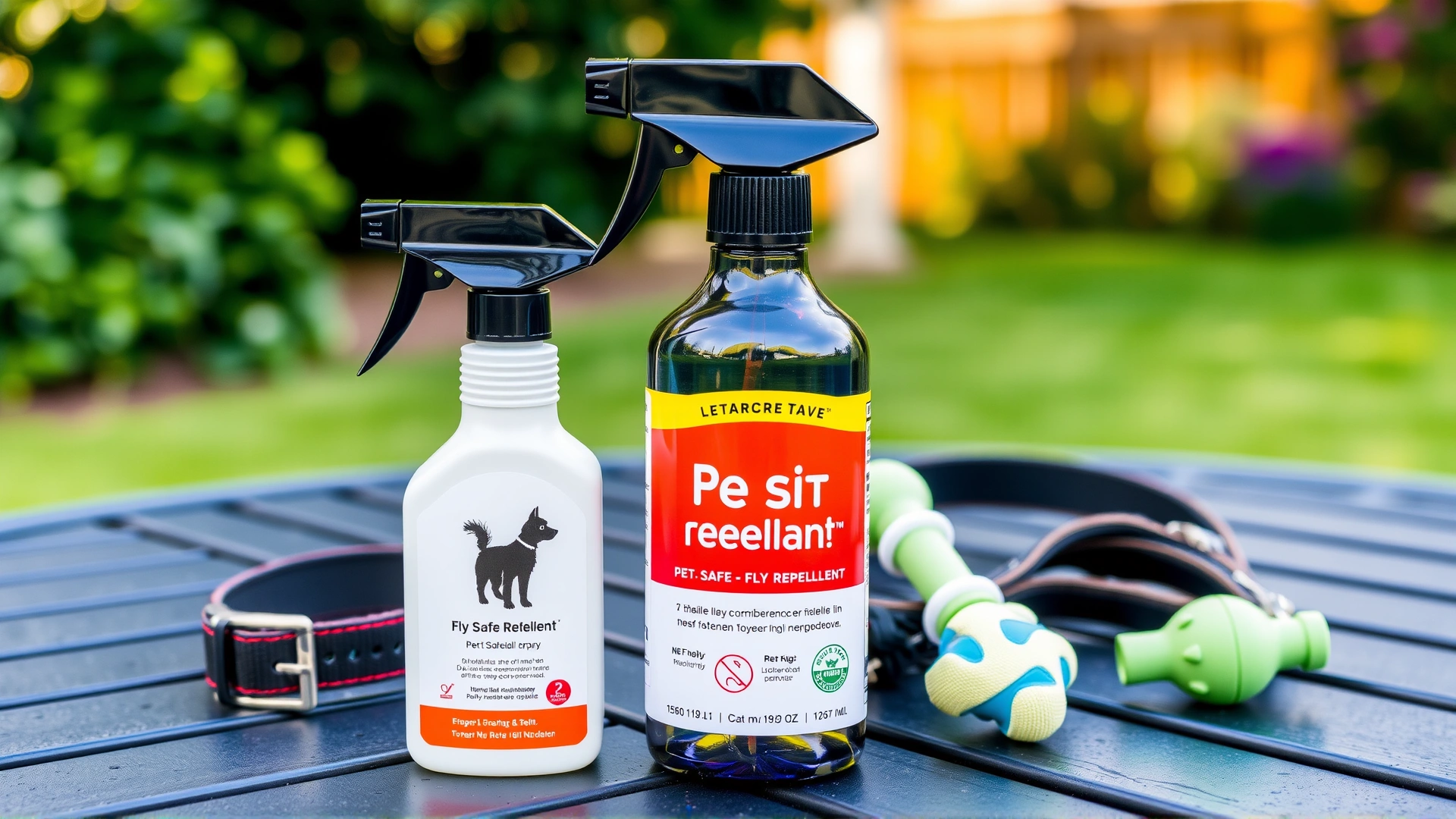 Pet-safe fly repellent spray bottle positioned next to a dog collar and toys on an outdoor table.