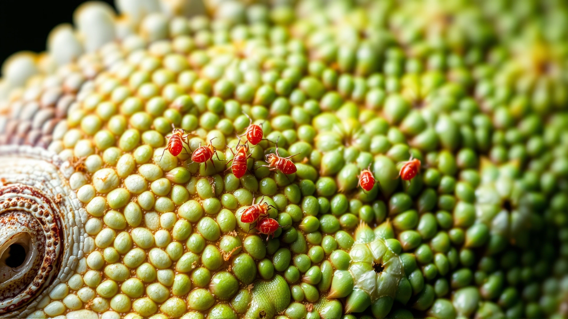 Macro photo of a green iguana’s scales with tiny red mites crawling between the scales, showing texture and detail.