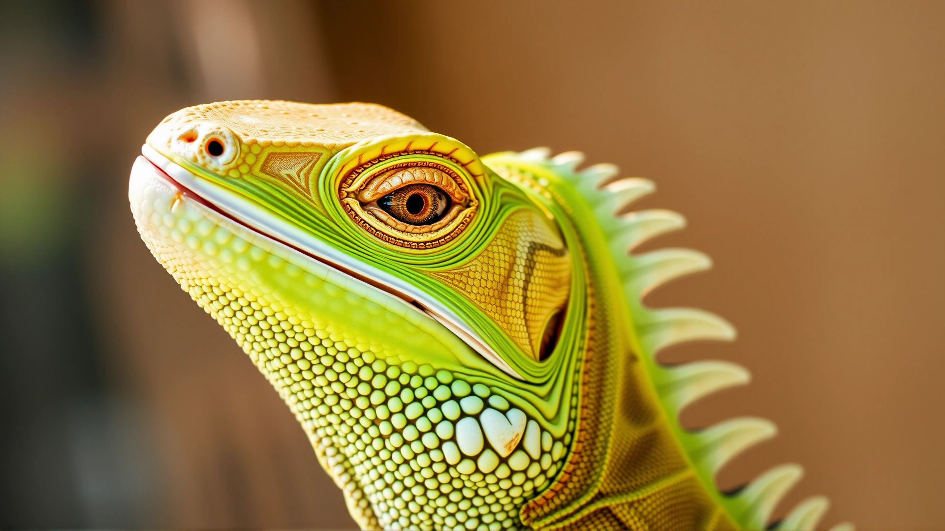 Macro shot of a healthy green iguana head and scales under natural light, emphasizing detail and clarity of reptile skin