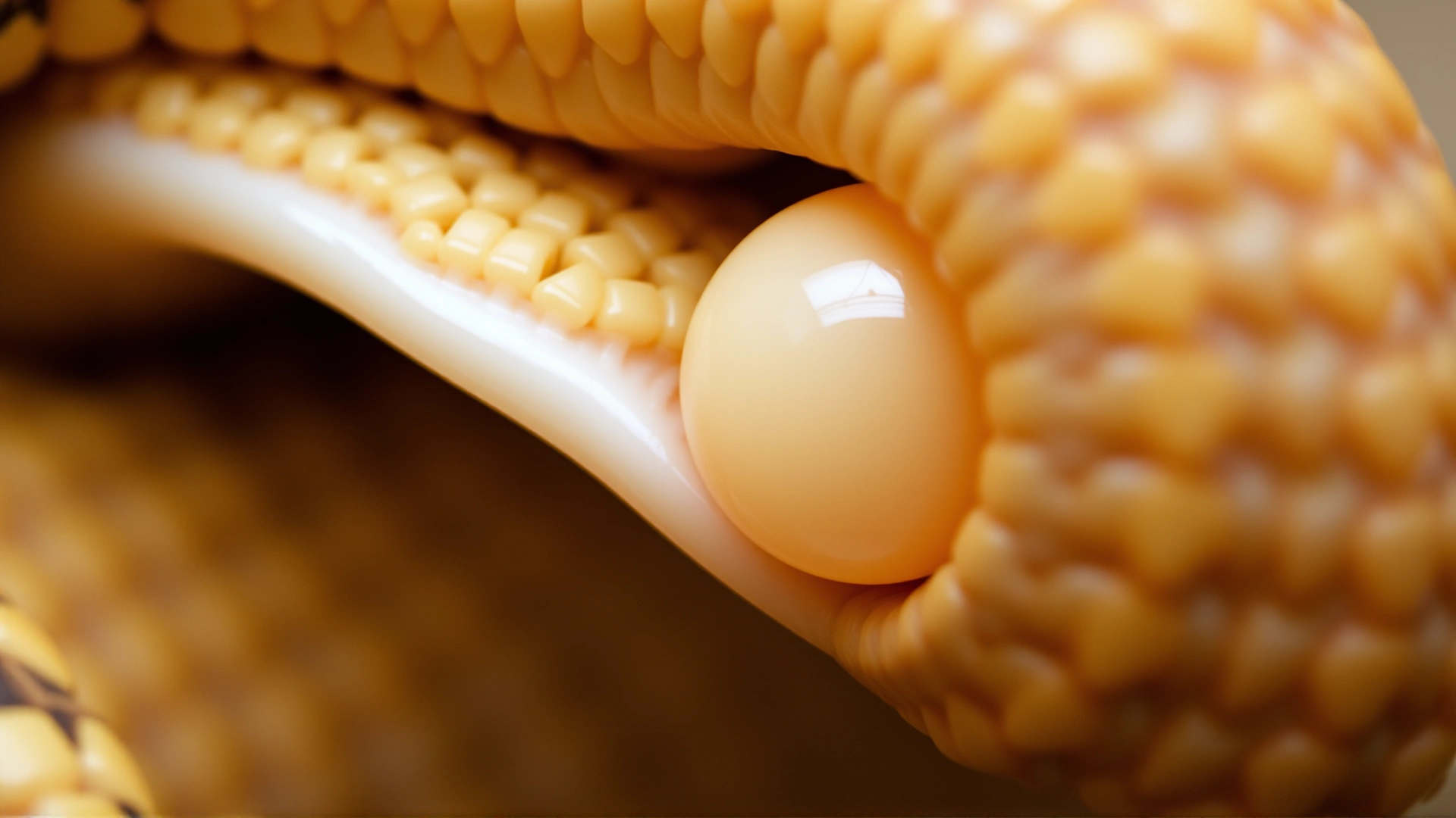 Close-up macro shot of a reptile egg partially lodged in the oviduct of a corn snake, captured in a veterinary clinic setting.