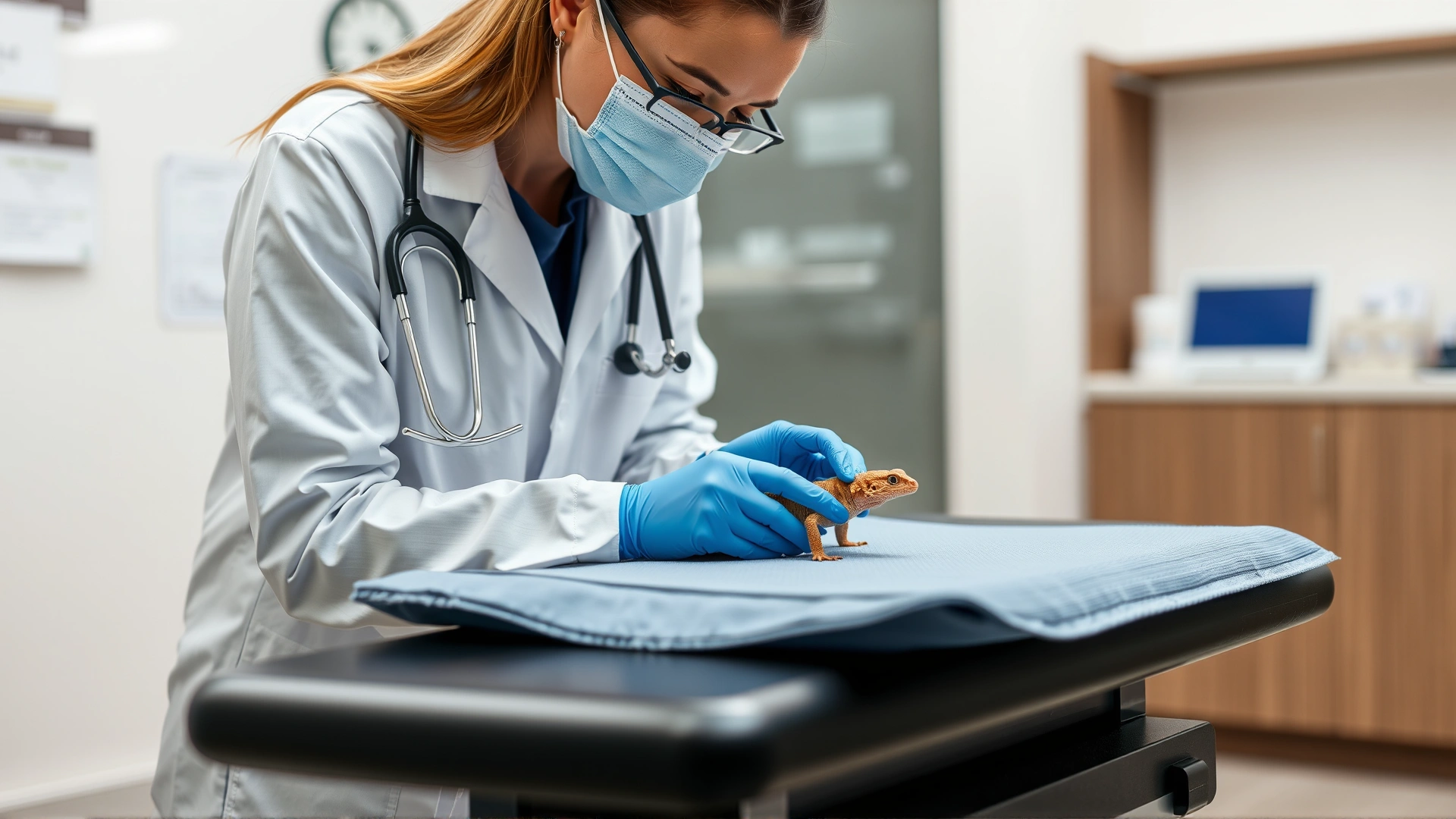 Professional veterinarian gently examining a small gecko on a padded exam table in a modern clinic, soft natural lighting