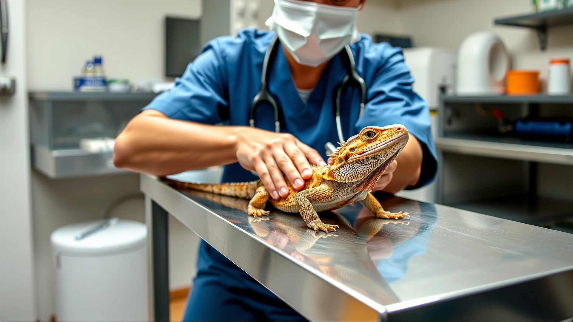 Veterinarian in clinic gently examining a bearded dragon on stainless steel table, focus on professional care.