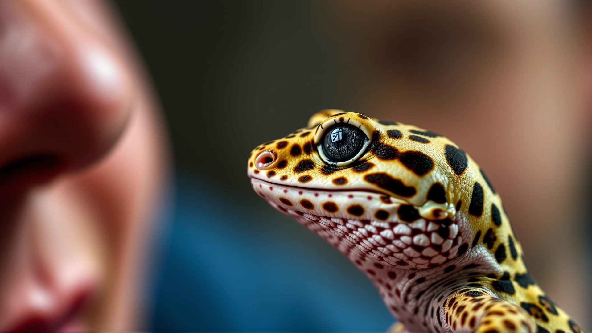 Macro shot of a leopard gecko making eye contact with its owner whose face is softly blurred in the background, highlighting recognition.
