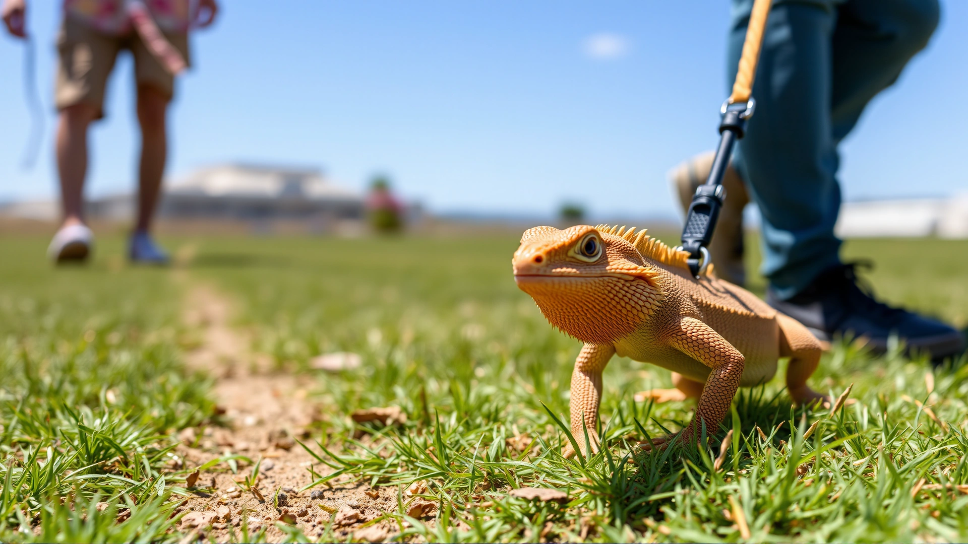 Bearded dragon walking on grass with a lightweight leash held by an unseen owner, clear focus, sunny day