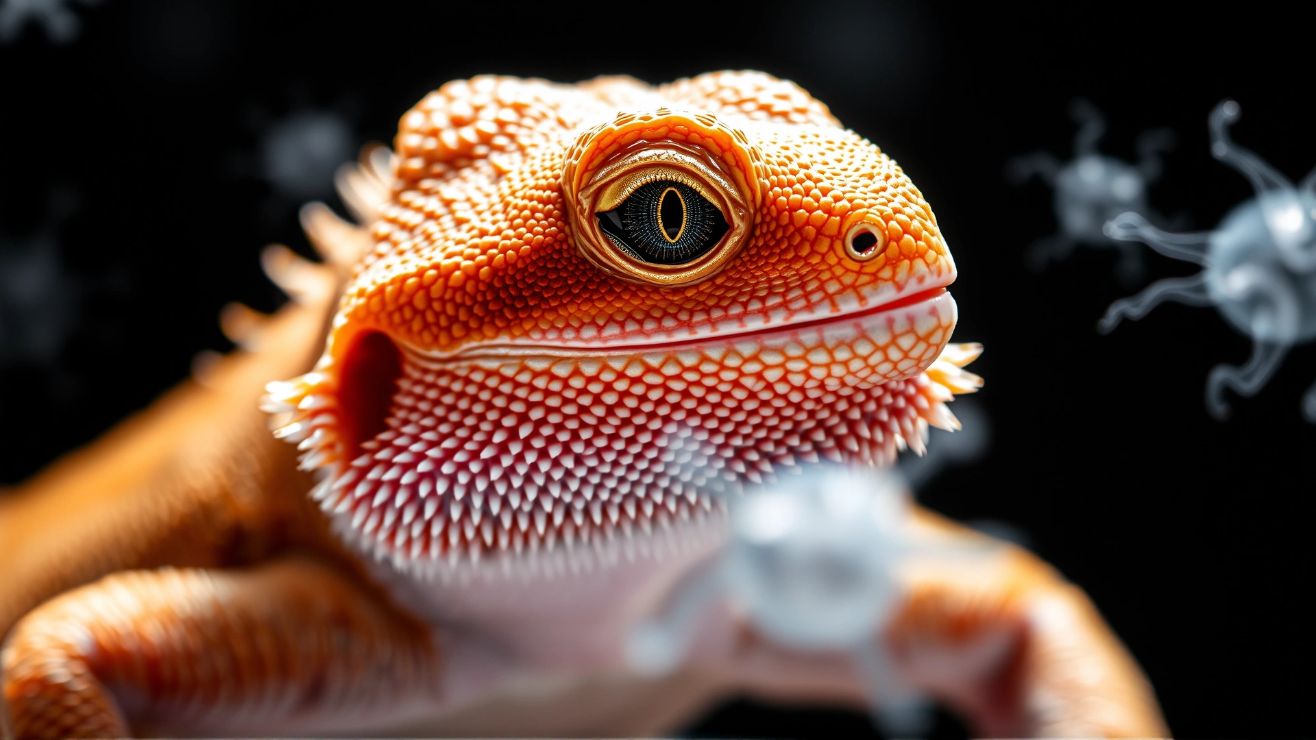Close-up photo of a bearded dragon illuminated from the side, with soft-focus translucent protozoa shapes floating around to illustrate the concept of protozoal infections in reptiles