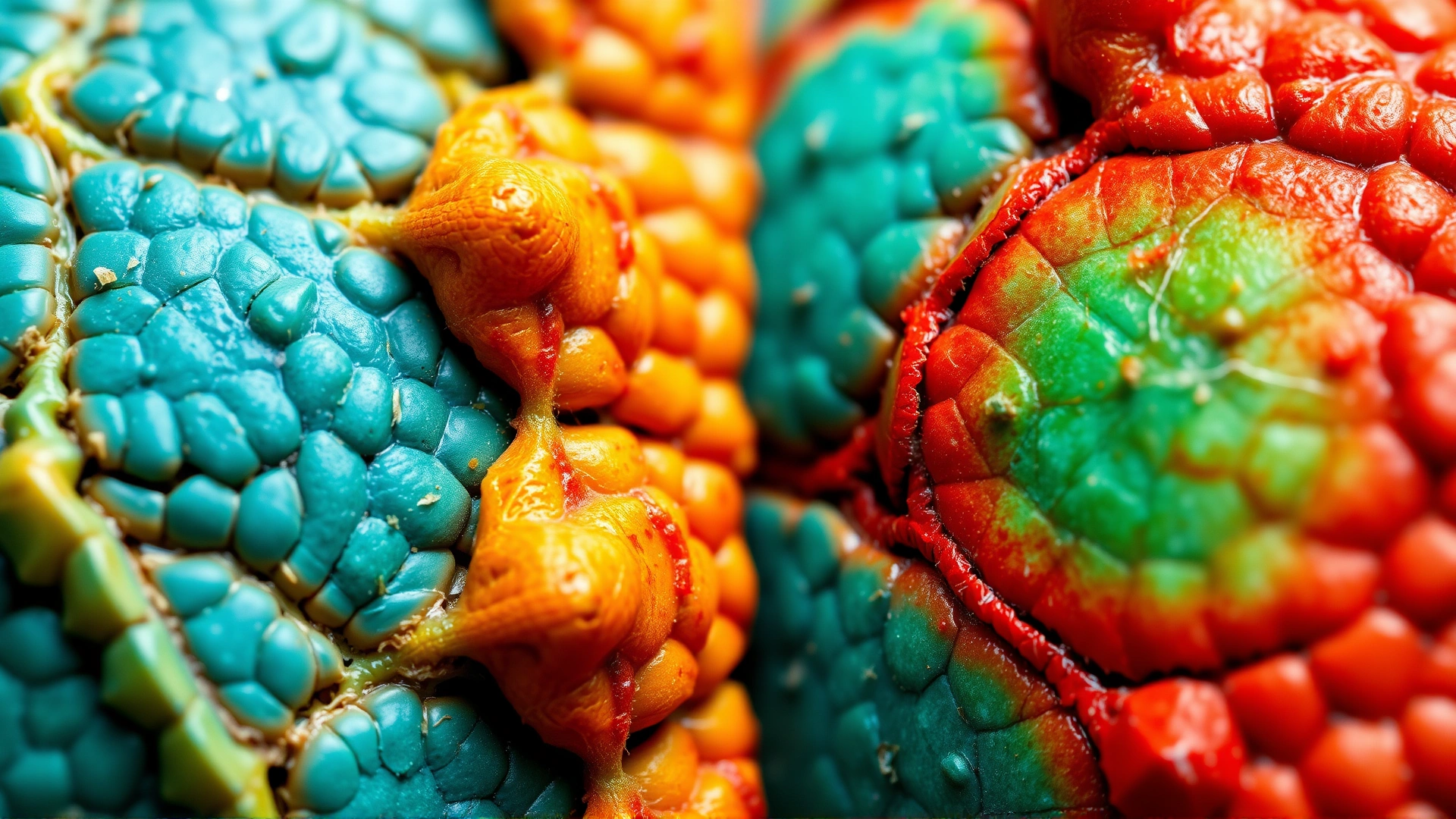 Close-up view of healthy reptile scales next to inflamed scales to show contrast in skin infection
