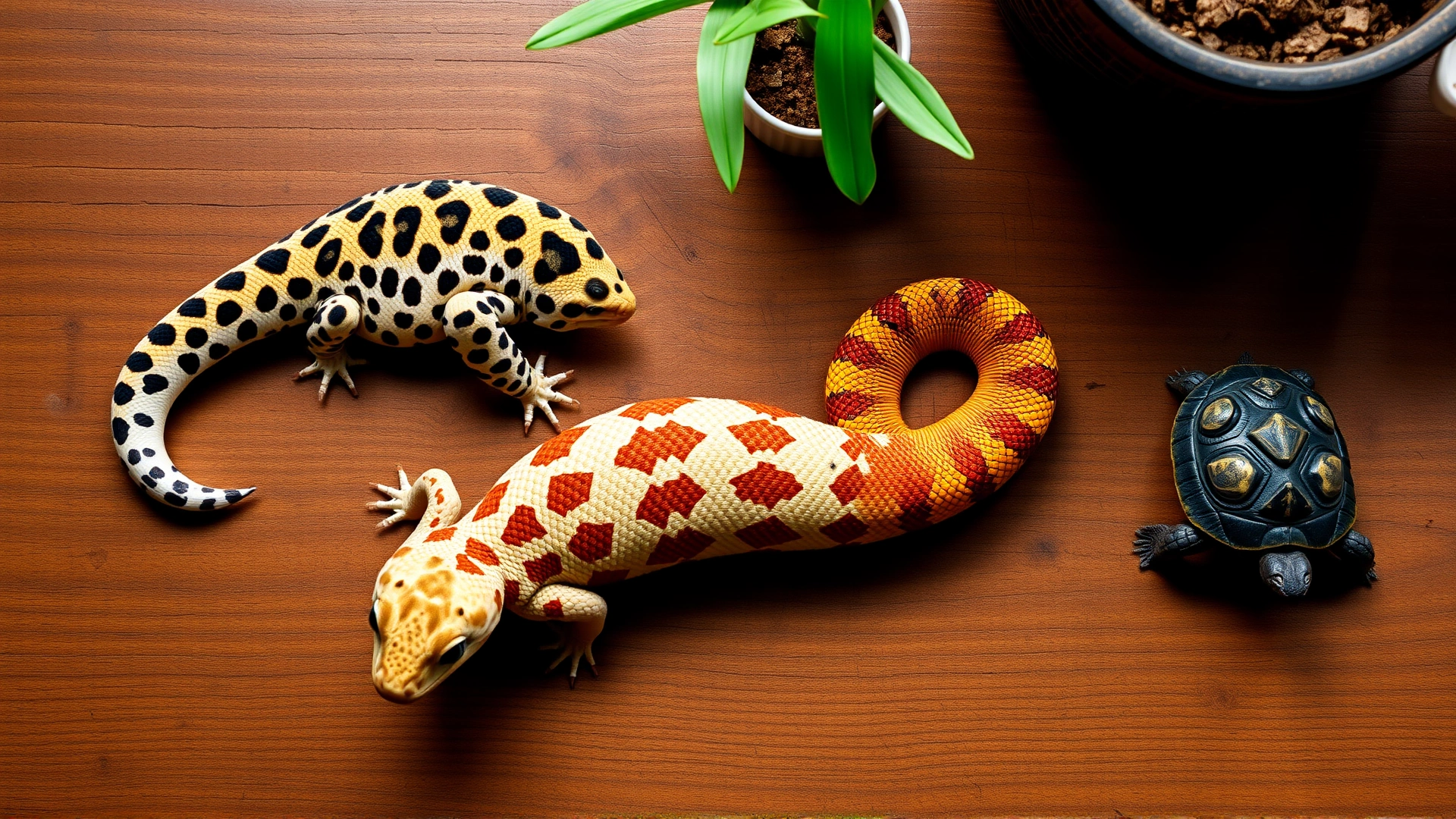 Top-down photo of a variety of small reptiles (leopard gecko, young corn snake, and small tortoise) arranged on a wooden table under soft natural light, illustrating the diversity of choices.