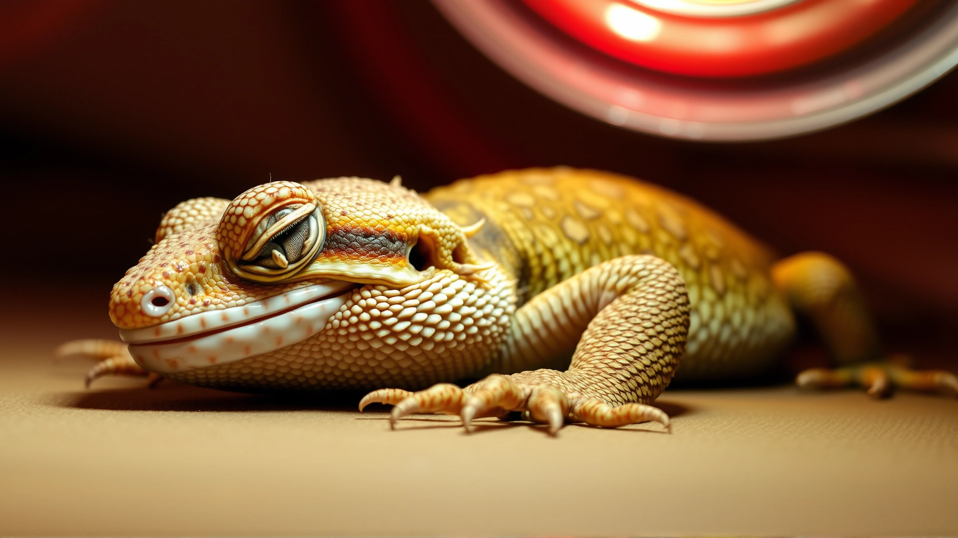 A lethargic juvenile bearded dragon lying flat under a heat source, eyes half-closed, illustrating visible signs of illness.