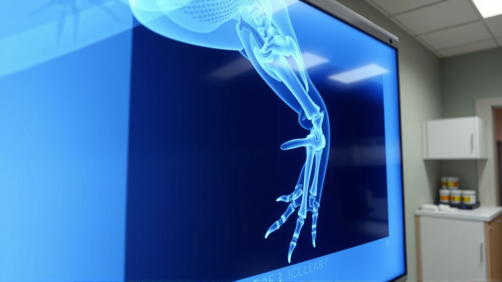 High-resolution x-ray image of a lizard limb showing a clear bone fracture, displayed on a lightbox in a veterinary clinic