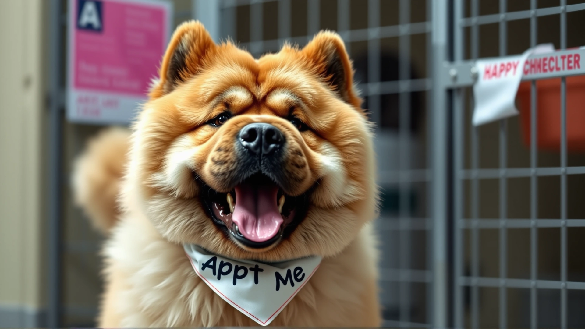 Happy rescued Chow Chow wearing an 'Adopt Me' bandana at an animal shelter, wagging tail