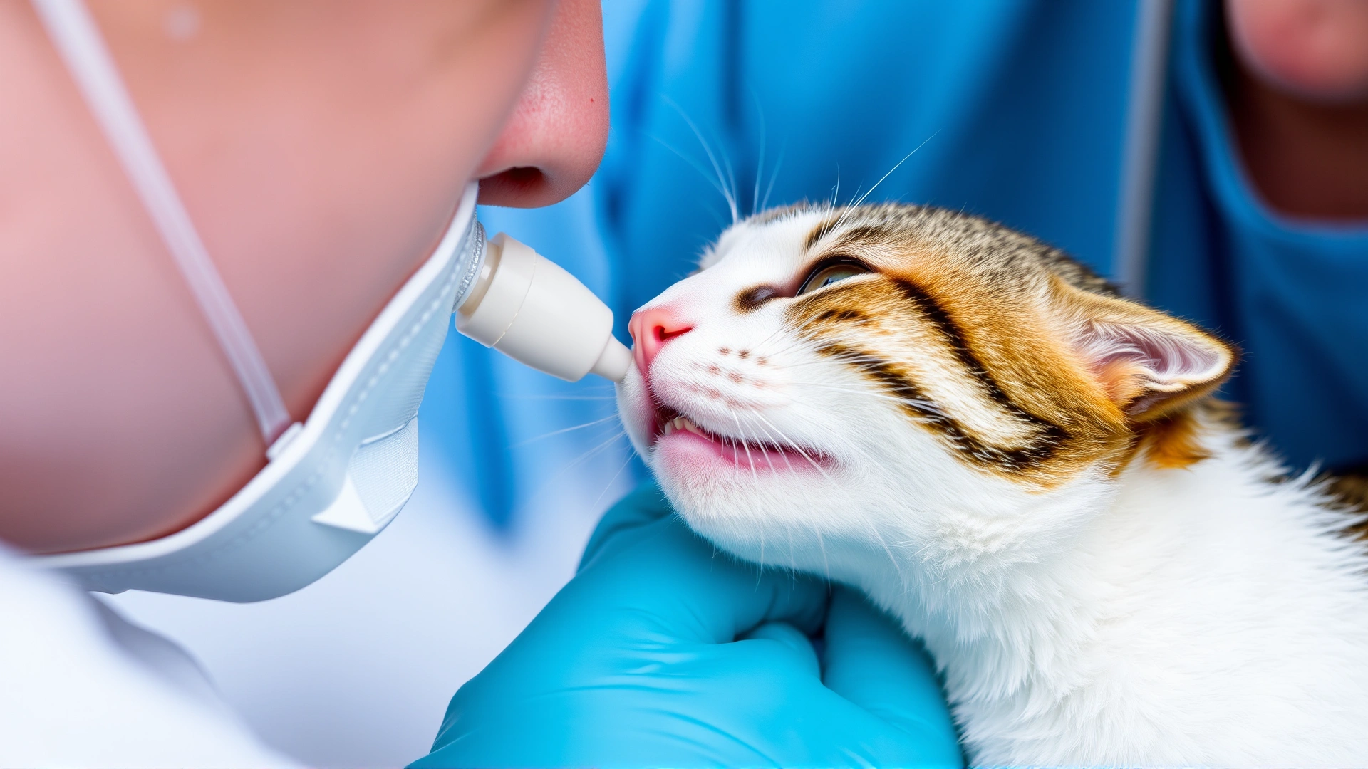 Person giving rescue breaths by sealing their mouth over a cat’s nose while keeping the cat’s mouth closed; side view, focus on proper technique