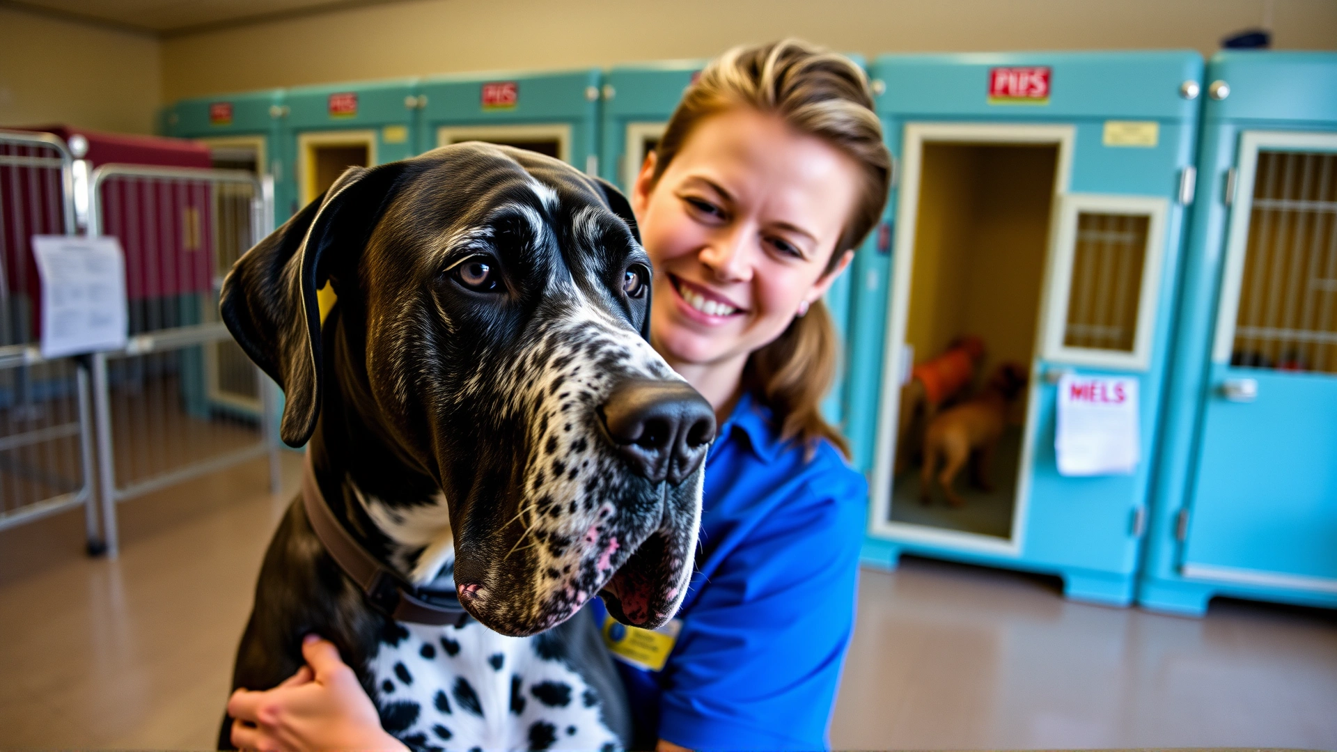 Great Dane being cuddled by a volunteer inside an animal rescue shelter with colorful dog kennels in the background