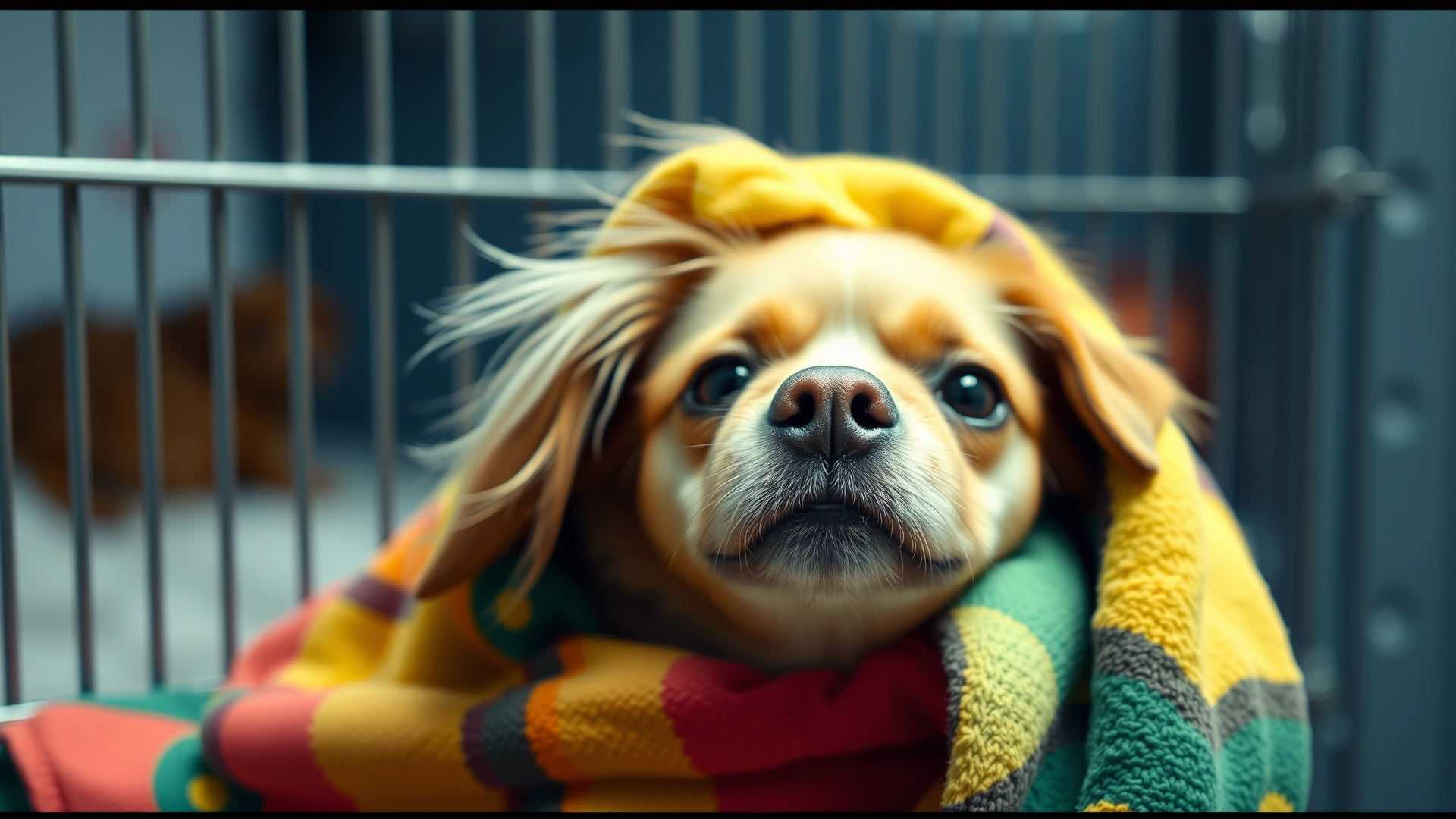 Rescued dog wrapped in a colorful blanket inside a shelter, looking hopeful; highlights shelter background softly blurred.